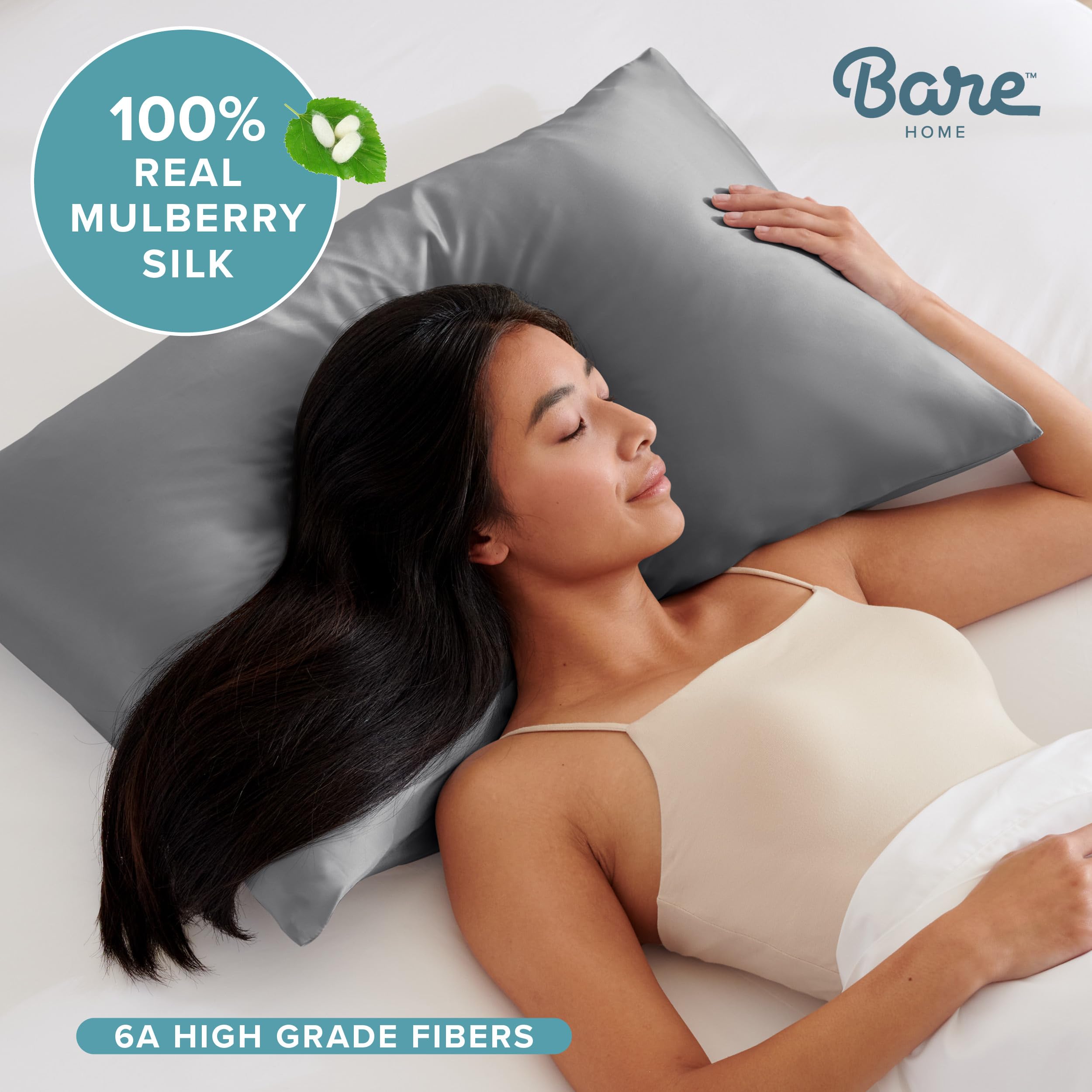 Bare Home 100% Mulberry Silk Pillowcase Envelope (King, Grey)