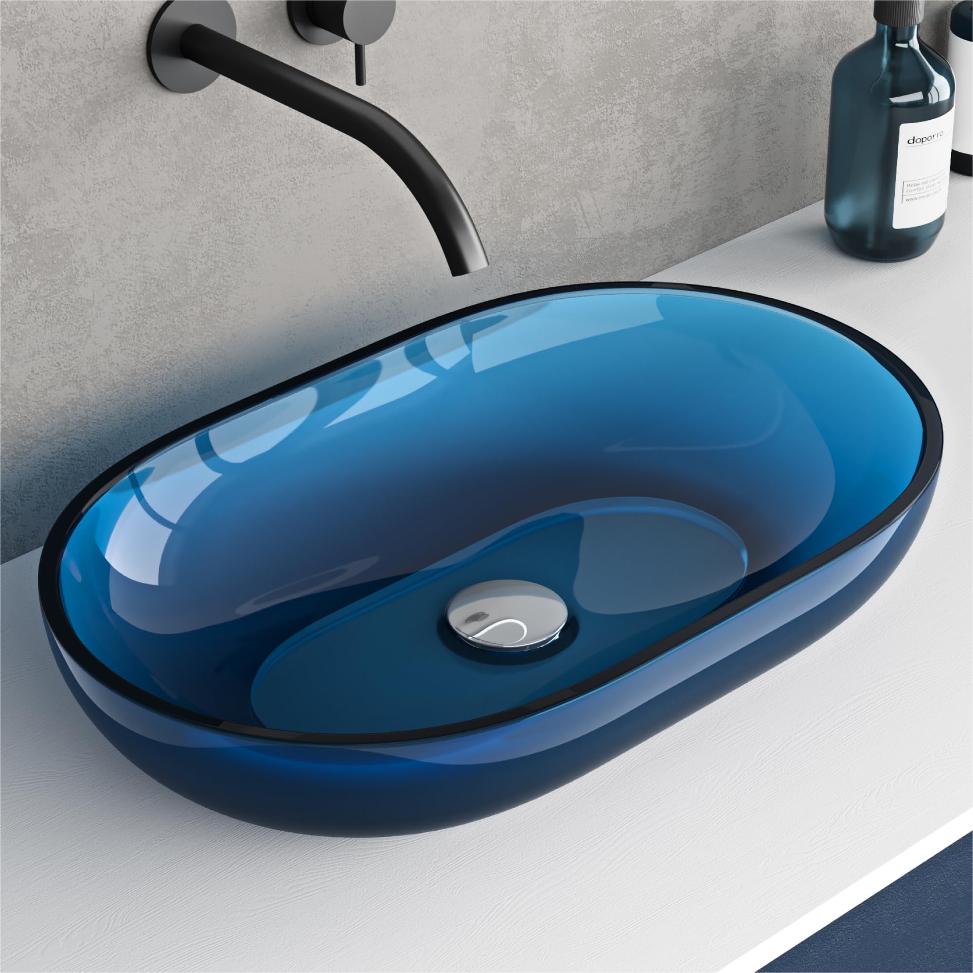 doporro Lavabo da Appoggio Ovale Profondo 54x34x10,5 cm, Lavamani per Bagno | Lavandino per Bagno in Resina Trasparente, Colore Blu, Vasca Profonda, Installazione da Tavolo, Montaggio su Piano