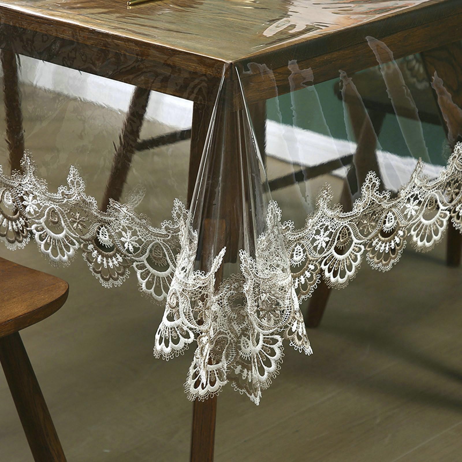 Tischdecke 150x220 cm, Blume Stickerei PVC, Kaffee Weiß