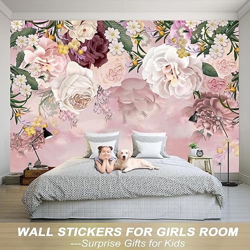 Miniatura 3 de Mural de pared de flores, papel tapiz 3D de peonía rosa y beige para baño, sala de estar, dormitorio, 155 x 103 pulgadas (no se pega ni se pega)