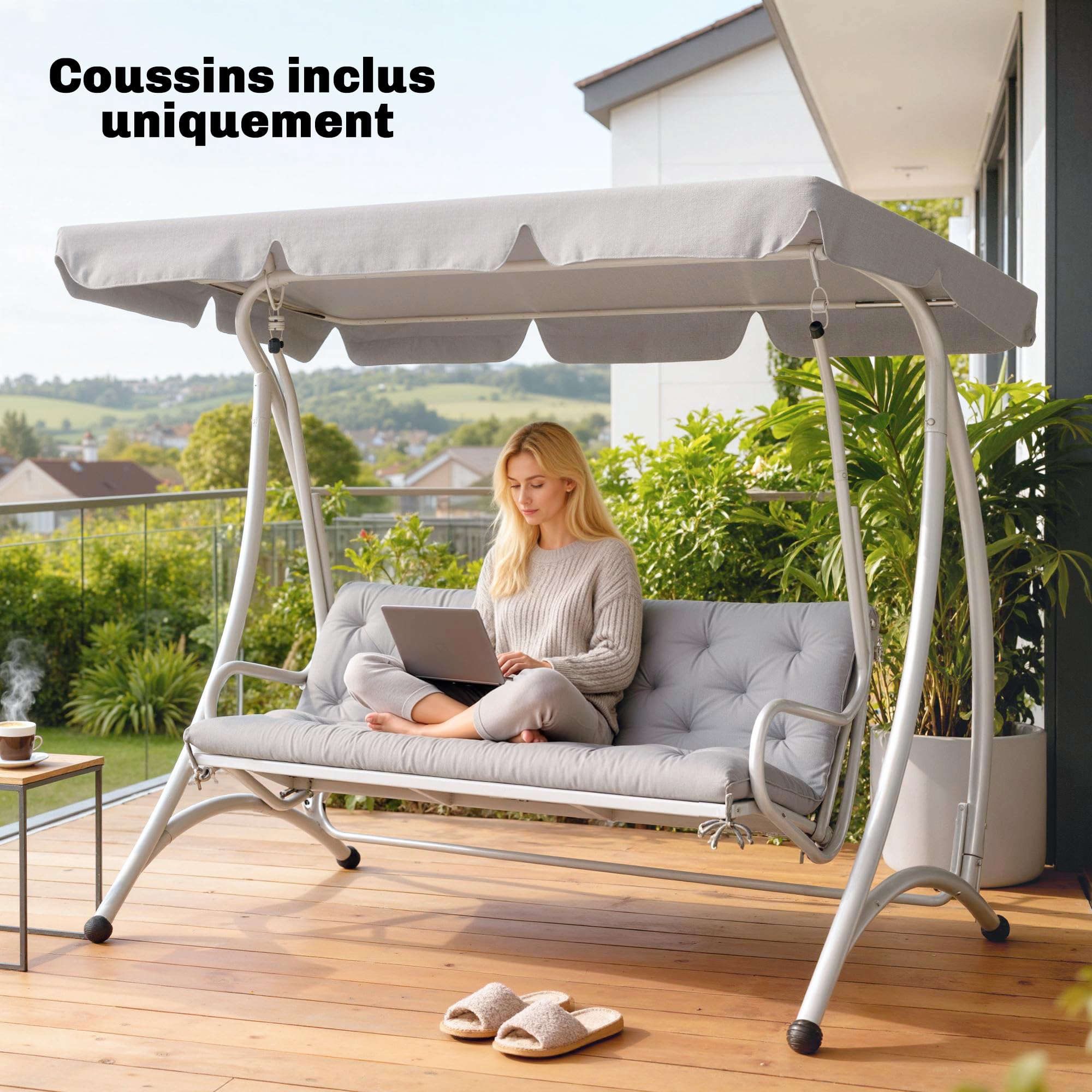 Outsunny Cuscino per panca, materasso seduta, schienale per panca da giardino, cuscino dondolo, divano a 3 posti, grande comfort, 150 x 98 x 8 cm, grigio chiaro