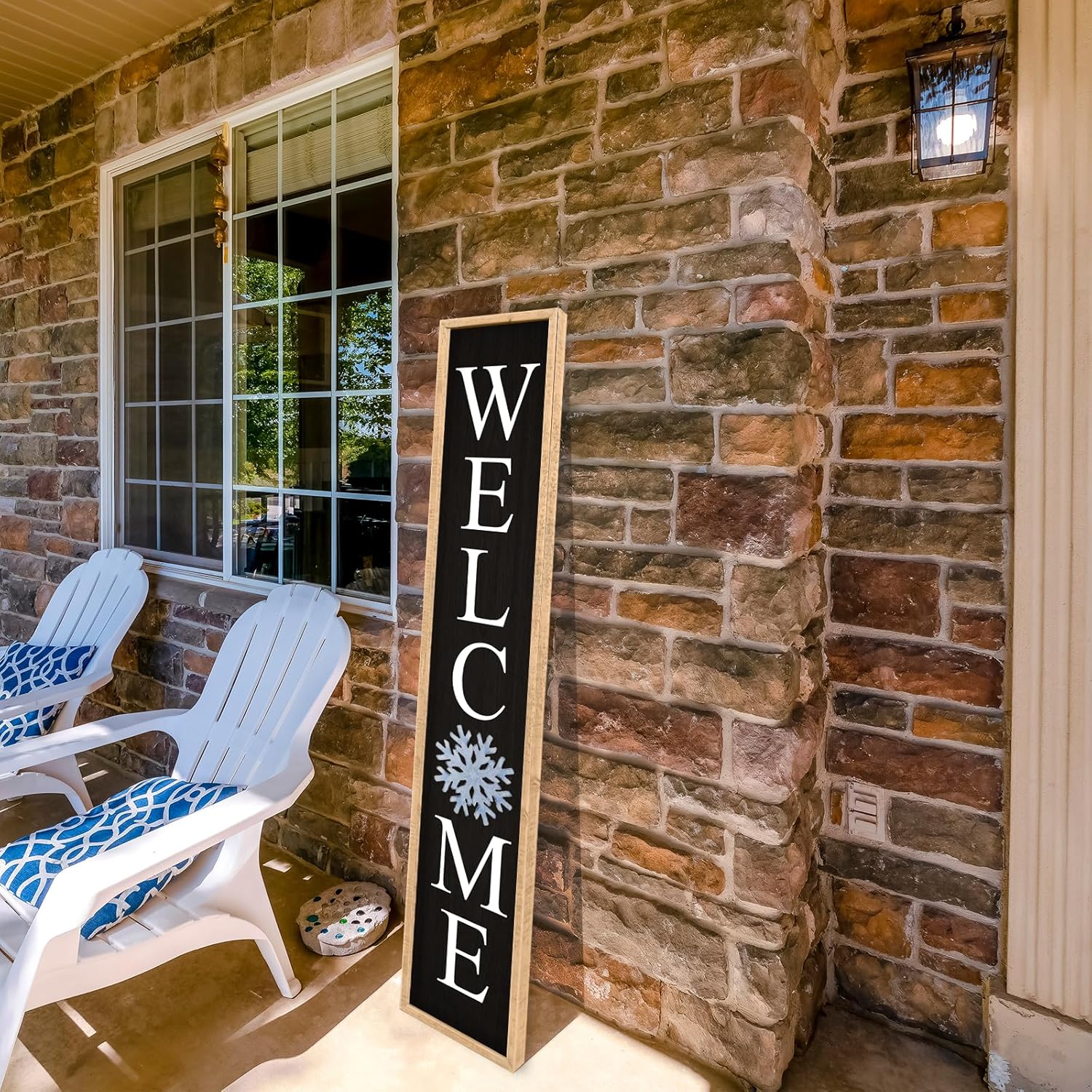 Interchangeable Welcome Sign for Front Porch Door, Outdoor Leaner Home Wooden Frame With 12 Pcs Replaceable Icons Outside Standing Seasonal Welcome Holiday Decorations (45"X9" Wood Black)