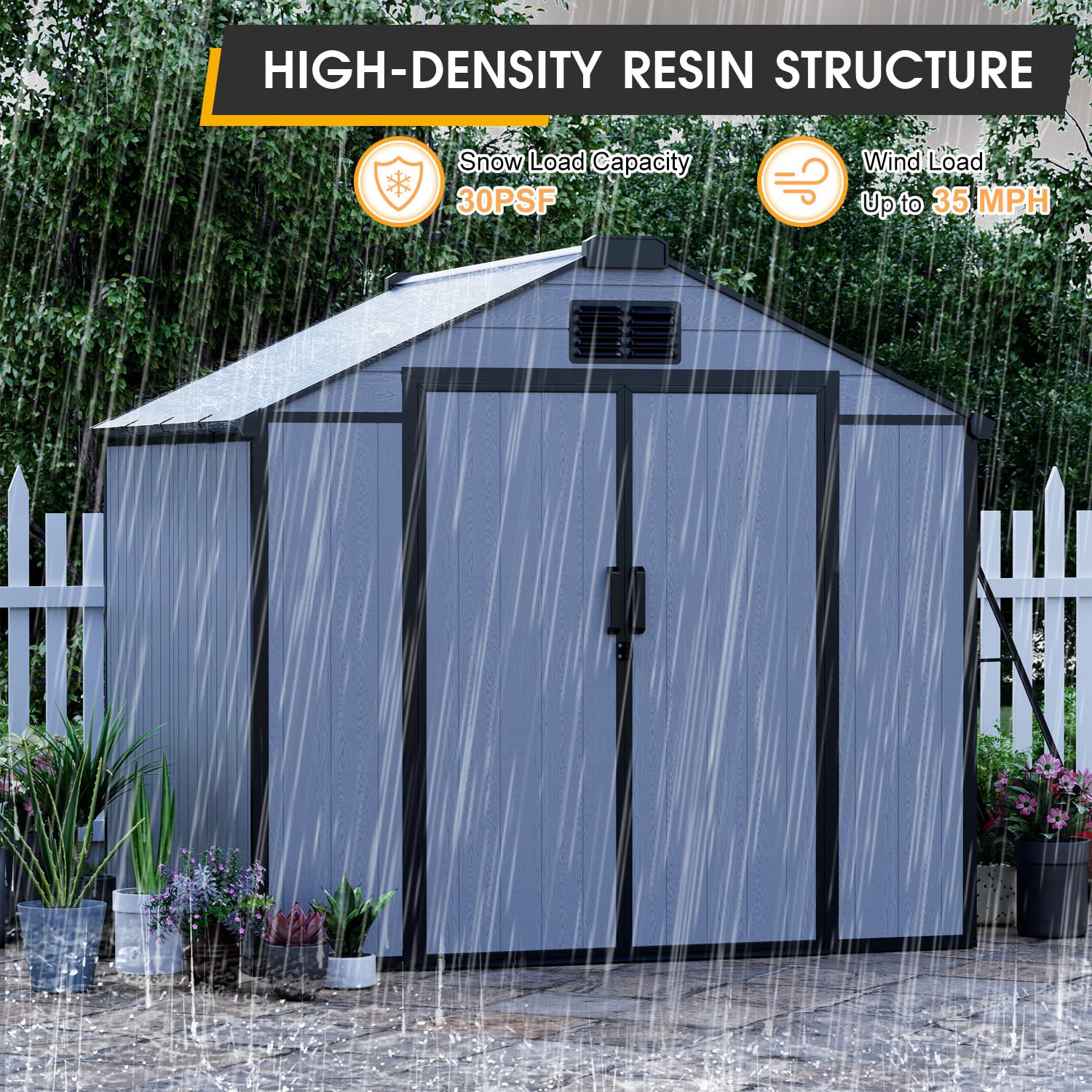 MELLCOM 8 x 8 FT Resin Outdoor Storage Shed with Floor, Outdoor Storage Tool Shed with Windows and Lockable Door, Resin Garden Shed for Lawnmower, Bike, Pool Supply — view 7