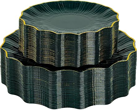 Rubtlamp Heavyduty 60Pcs Green Plastic Plates - Green Scalloped Plates with Gold Trim - 30 Gold Dinner & 30 Dessert Platos, Fancy Disposable Plates for Party&Wedding 30 Guests