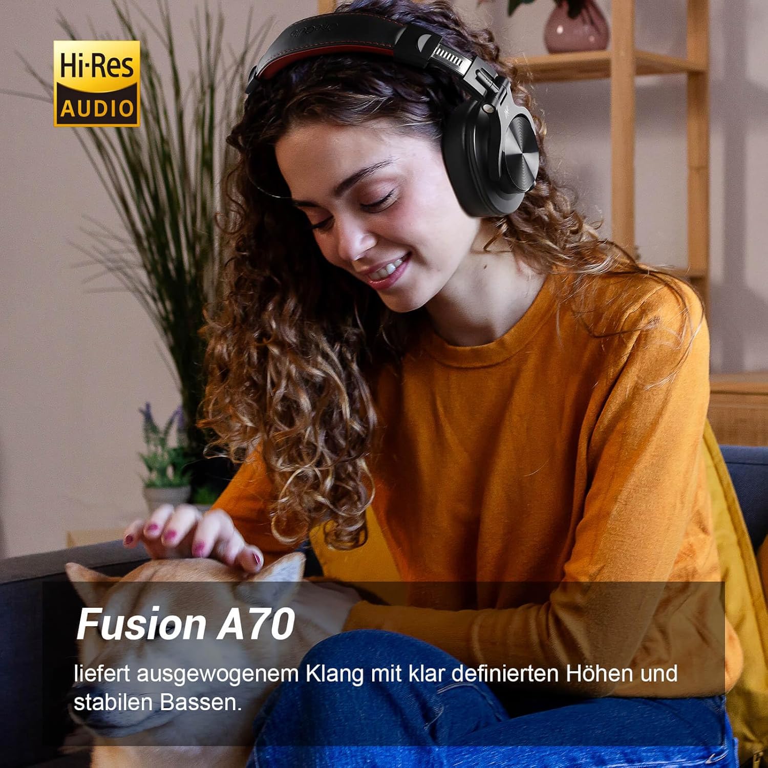 Woman wearing OneOdio A70 headphones, highlighting Hi-Res Audio feature.