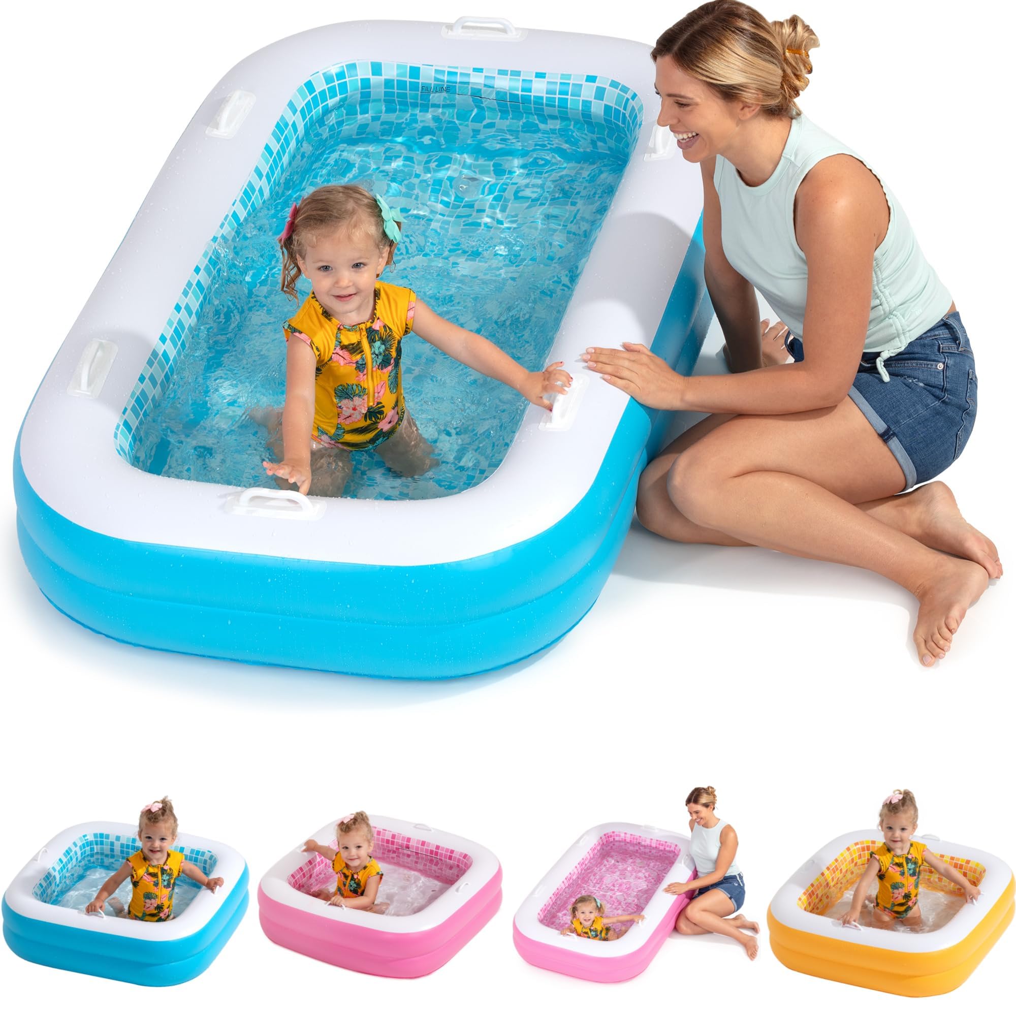 2-in-1 Inflatable Kiddie Pool, 65"x39"x10" (5'5") Soft Cushioned Floor, Handles, Drain, Shallow Rectangular Blowup Swimming Pool for Kids Age 2+ Toddler Ball Pit, Small Adult Backyard Tanning Pool