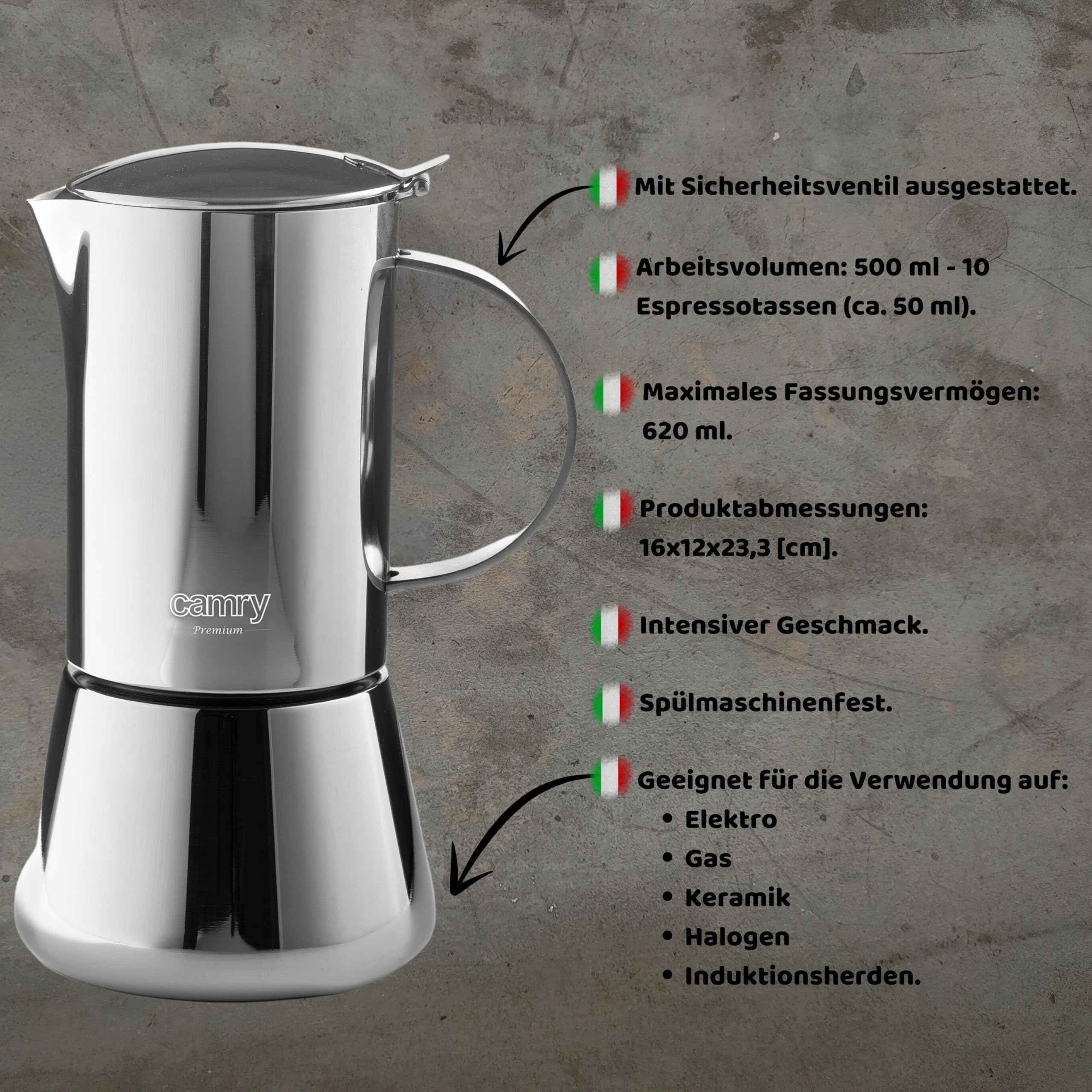 CAMRY Espressokoker Inductie - Roestvrijstalen Mokkakan Inductie voor 6