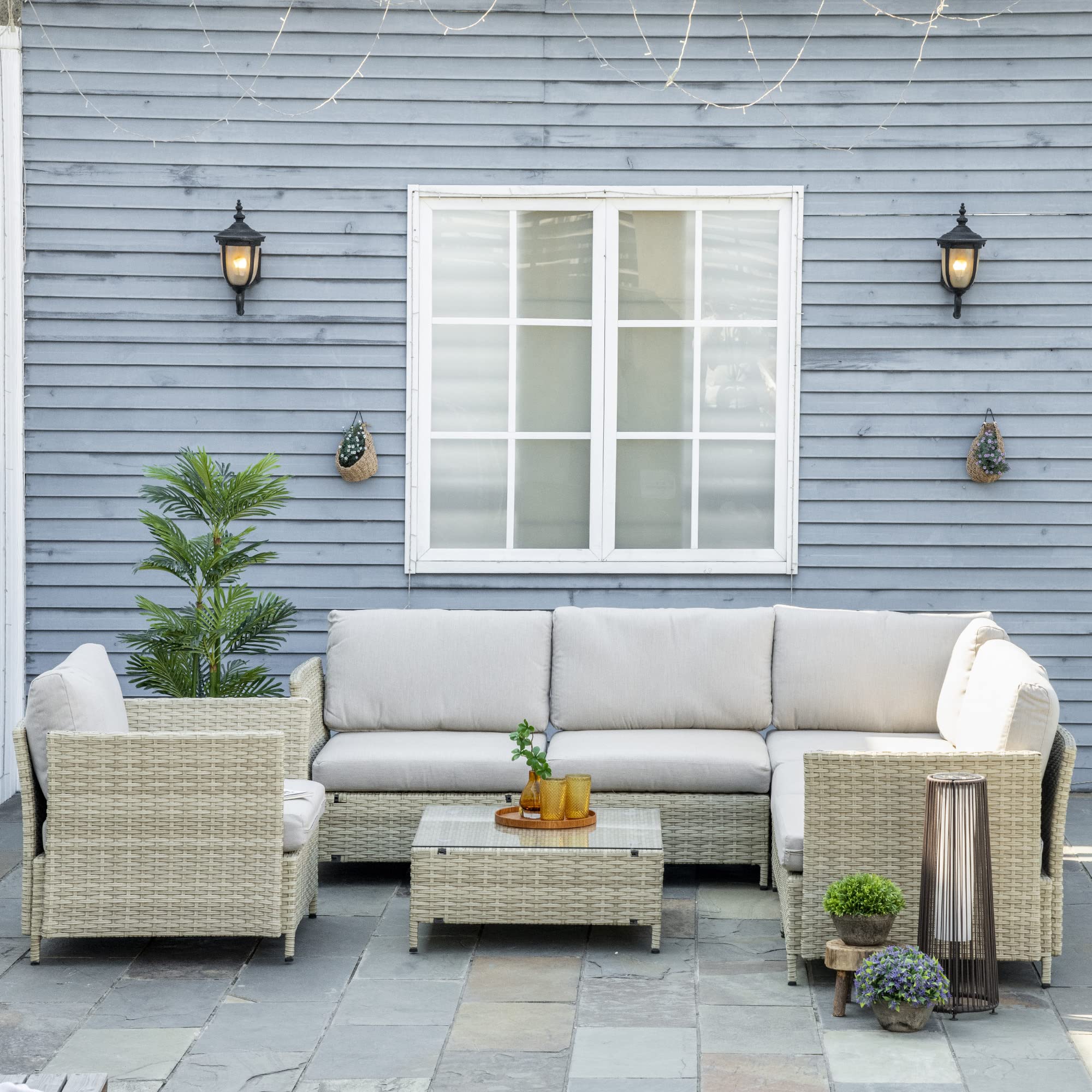 Outsunny Salotto da Giardino 7 Pezzi Modulabile con Tavolino, Poltrona, Poltrona Angolare e 2 Divanetti in Rattan PE con Cuscini, Beige