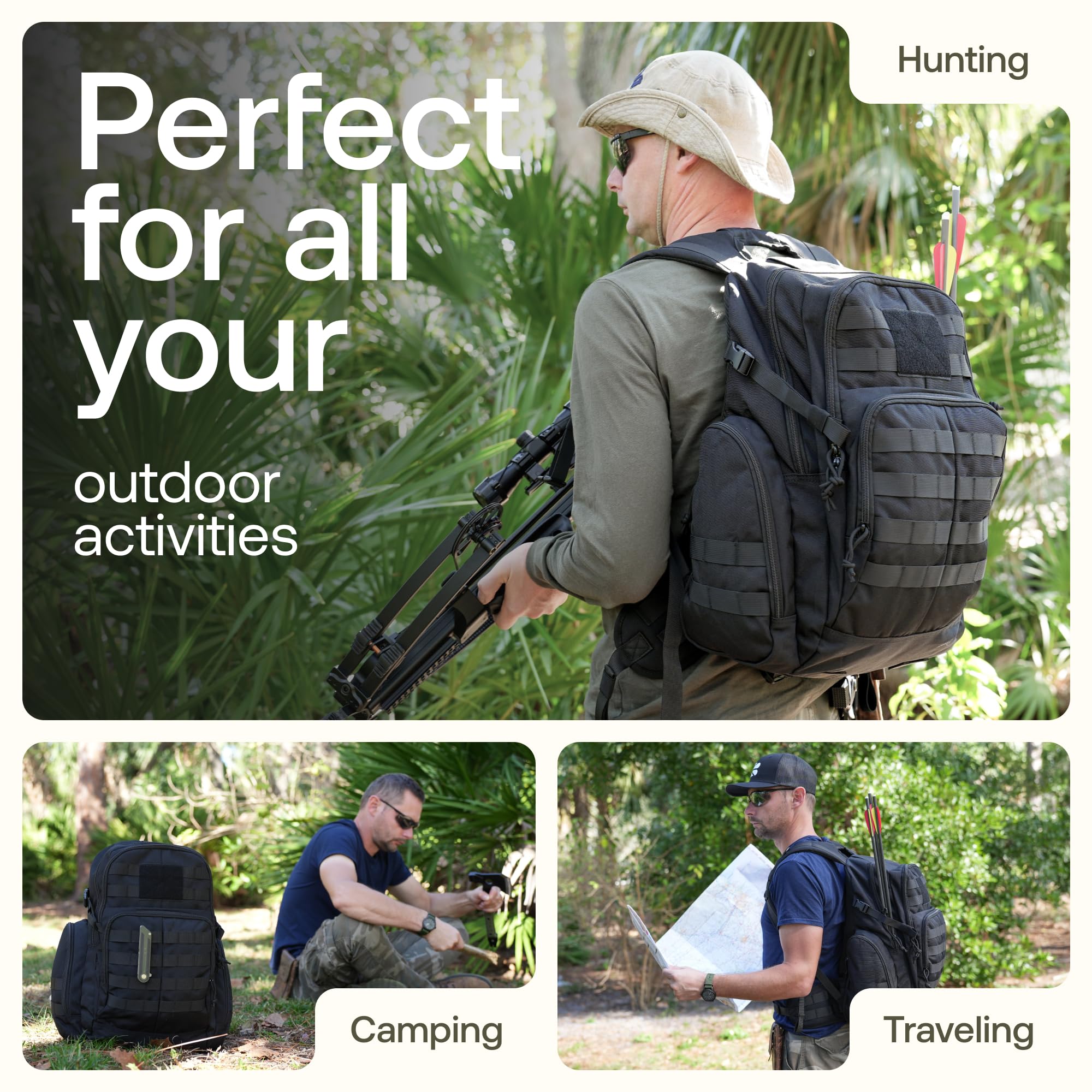 Huntex 40L Tactical Backpack for Men and Women in Black - Military Style for Hunting, Hiking & Travel Combat Backpack - Outdoor Tactical Backpacks & Sport Mochila Tactica