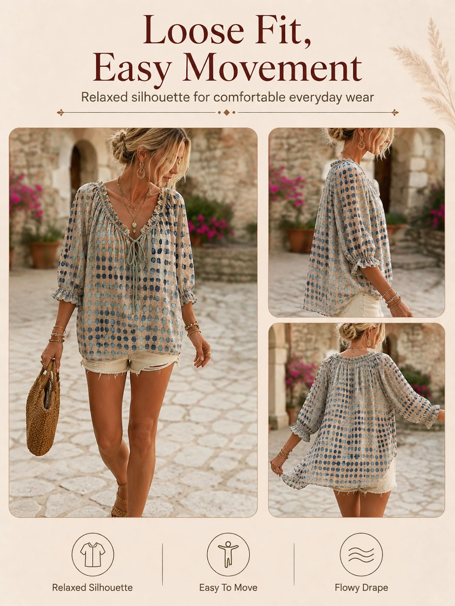 Polka Dot Lace Up Blouse for Women, V Neck Ruffle 3/4 Sleeve Summer Casual Loose Flowy Boho Tops