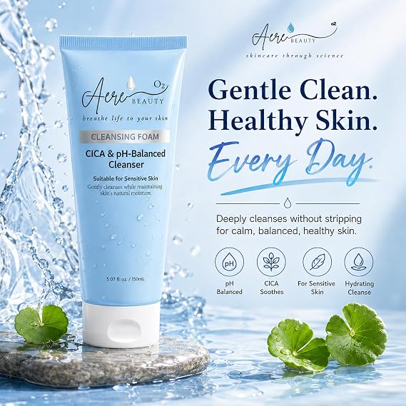 CICA pH-Balanced Facial Cleanser Hydrating Formula Gentle Cleanser Foaming Face Wash for All Skin Types Including Sensitive Skin, 5.07 Fl Oz