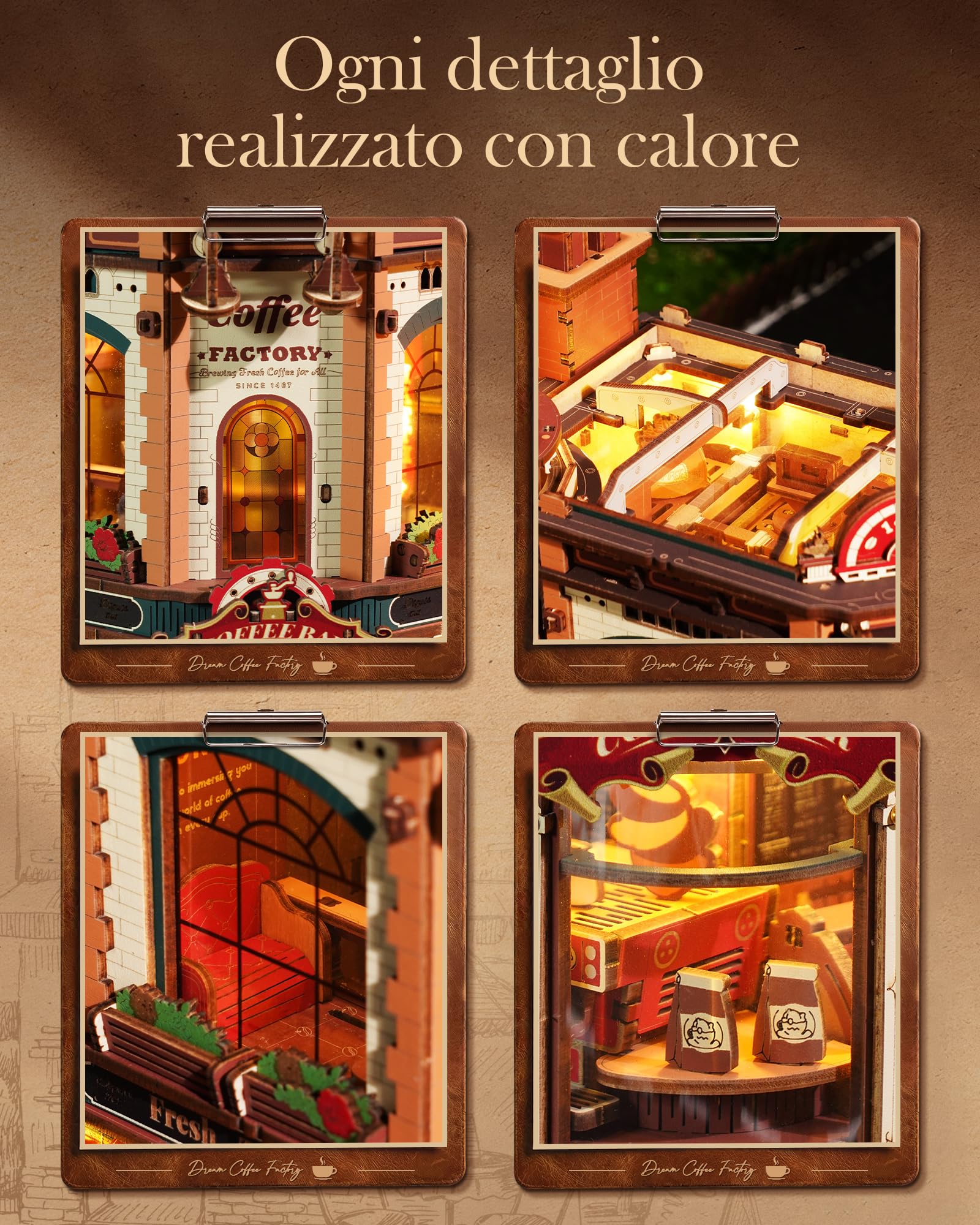 ROBOTIME Puzzle 3D in legno per adulti da costruire – Dream Coffe Factory, kit di costruzione in miniatura con musica, luci e scene animate, casa in miniatura/Book Nook Café EAB02
