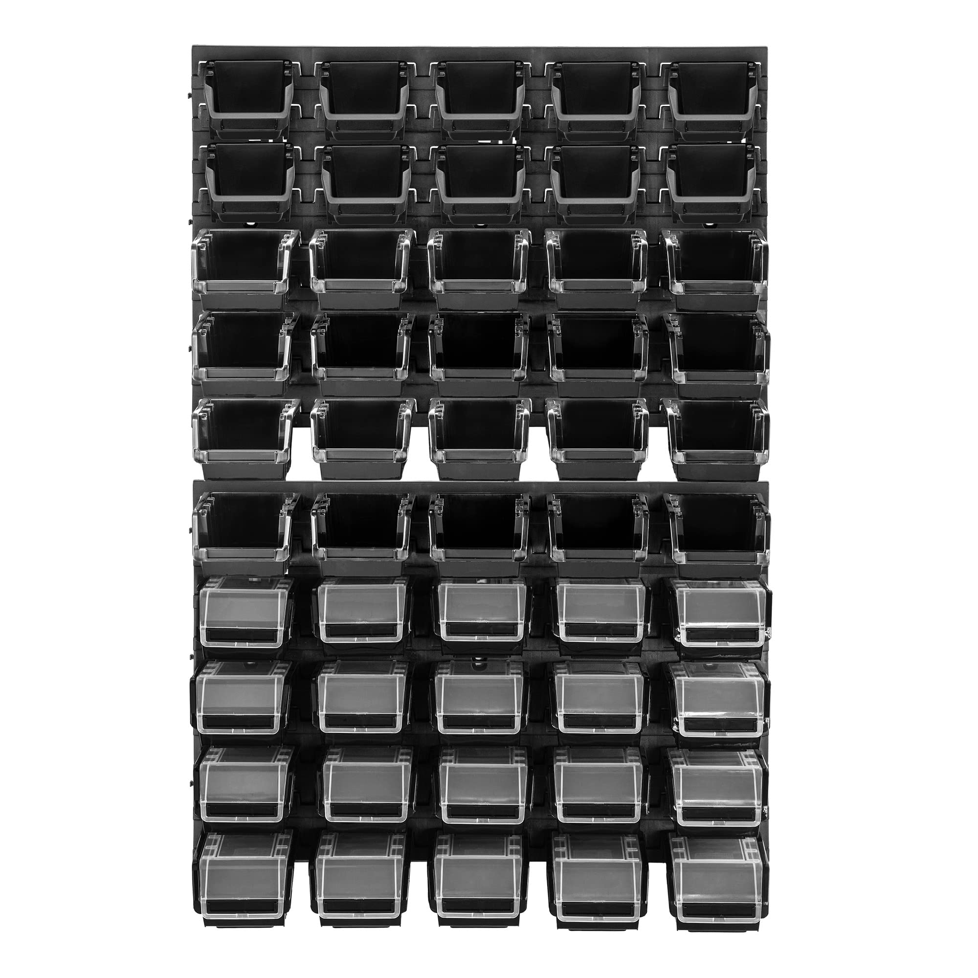 KADAX Werkstattwandregal, 58x78cm Lagersystem aus robustem Kunststoff, UV-Resistentes Werkstattregal, Erweiterbare Wandplatten, Schüttenregal für Garage (Schwarz, 50 TLG. v2)