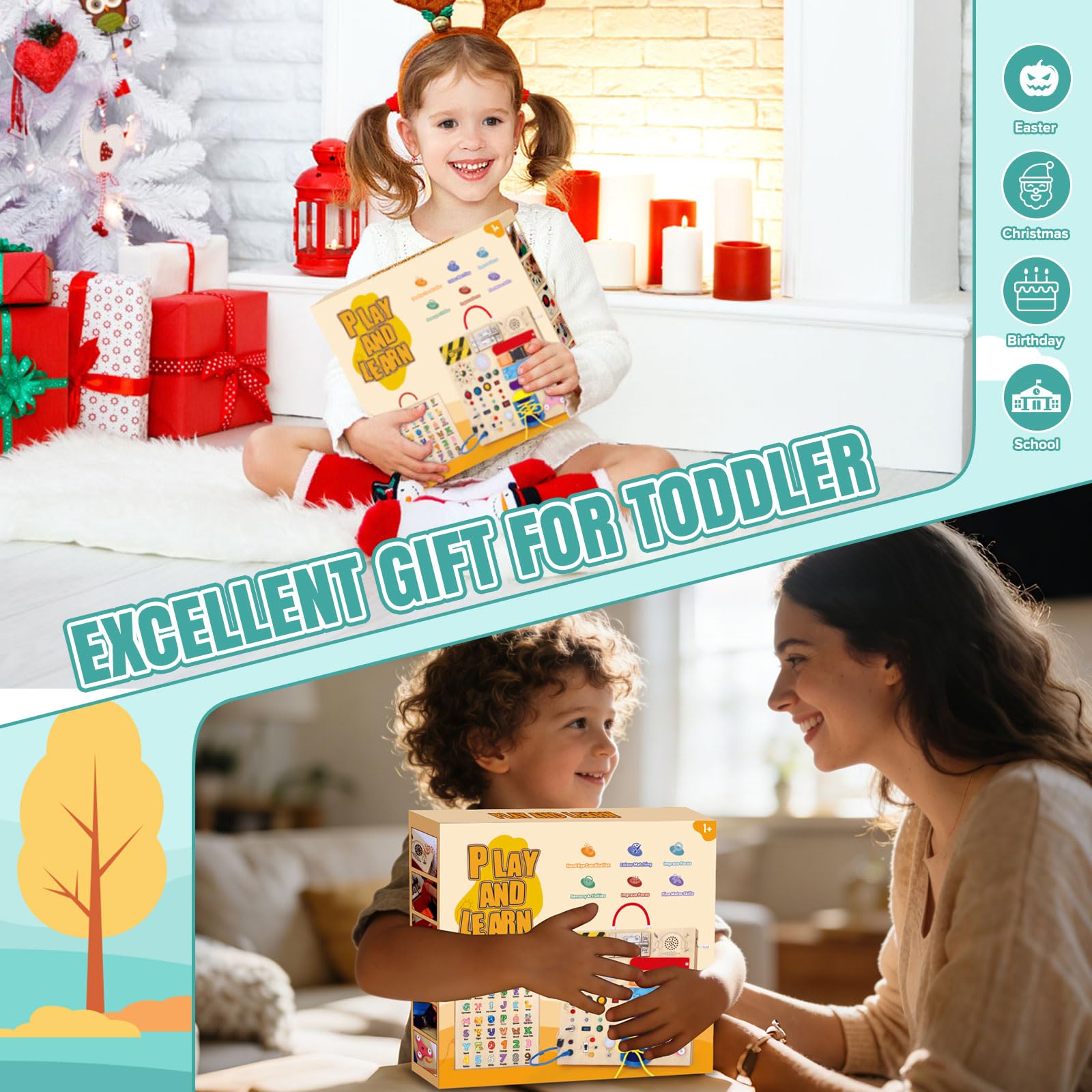 Montessori Busy Board 23 en 1 pour les tout-petits à partir de 1 an, jouet en bois, avec 15 interrupteurs, 26 lumières LED, boîte à musique, fermeture éclair et serrure, jouet sensoriel pour enfants