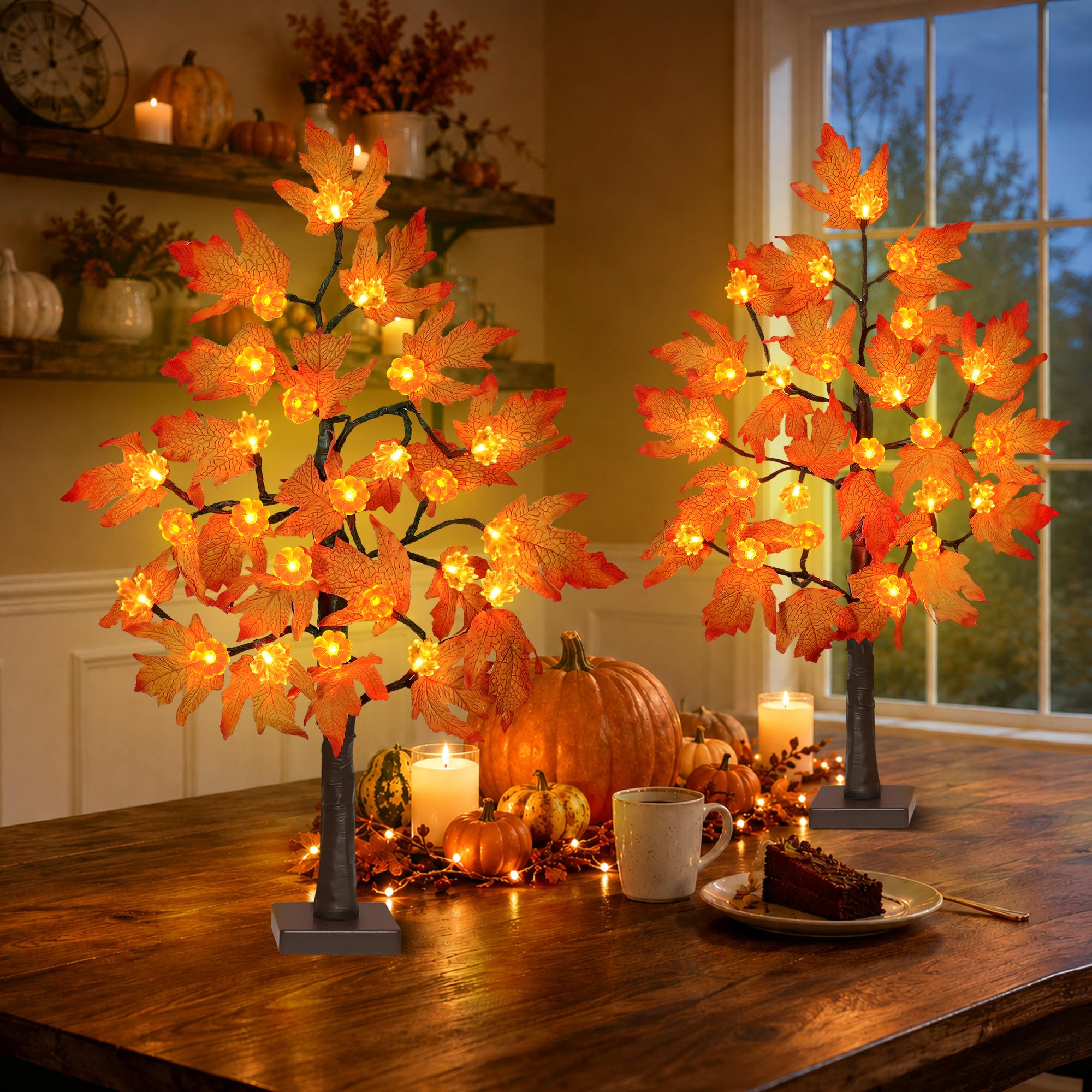[Timer] Confezione da 2 decorazioni autunnali per albero di acero autunnale del Ringraziamento con 48 luci a LED, albero autunnale da 61 cm con acero di zucca illuminato, decorazioni per la tavola