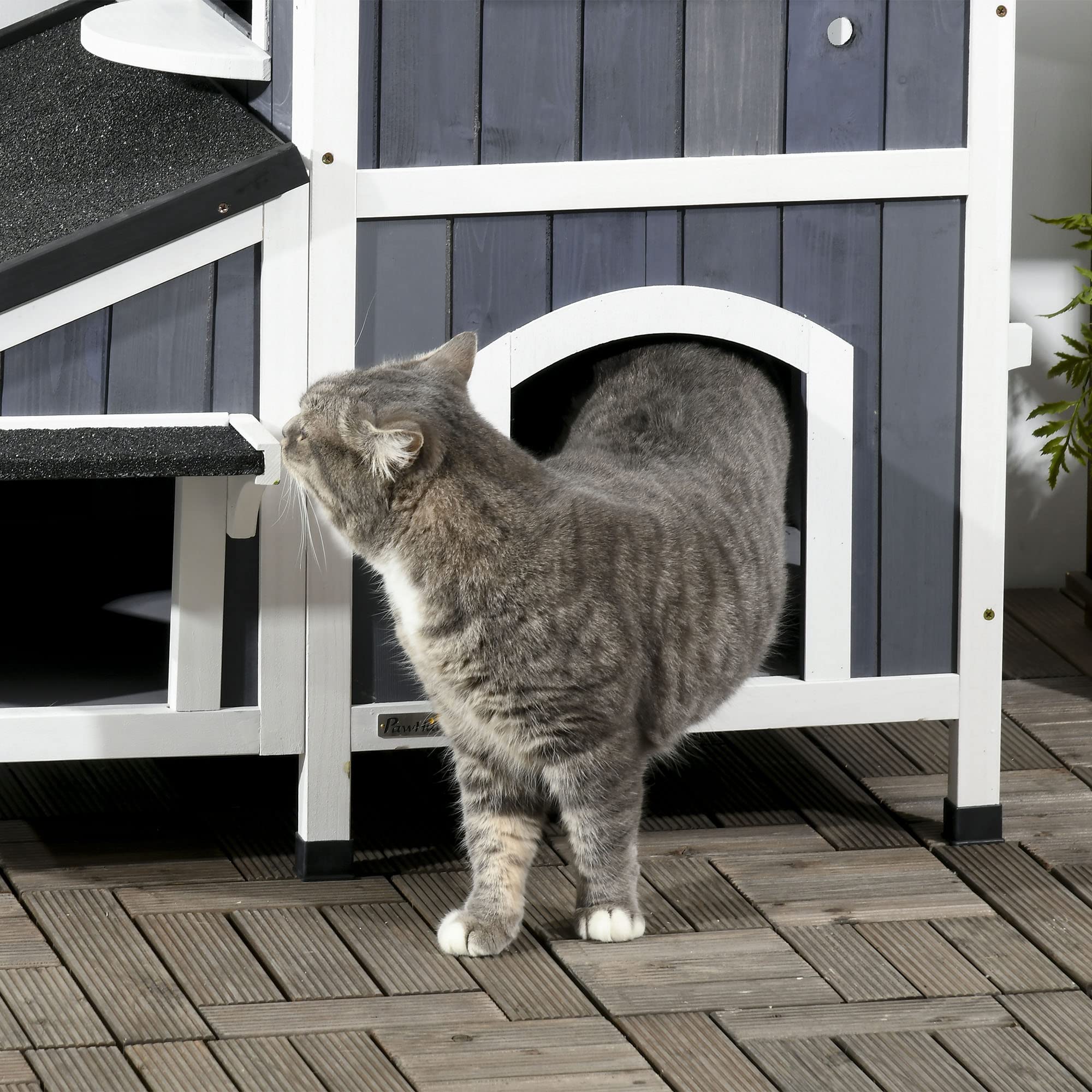 PawHut Casetta per Gatti in Legno di Abete - Rifugio a 2 Piani Con Diversi Ingressi, Grotta All'aperto, Tetto in Asfalto, Fioriera - Resistente All'inverno