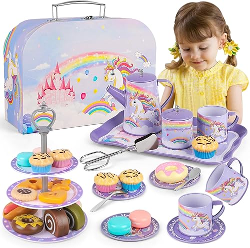Juego de fiesta de té para niñas pequeñas, juguetes de unicornio para niñas de 3, 4, 5, 6, 7, 8 años, regalo de cumpleaños, juguete de cocina para
