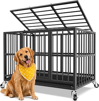 42 Inch Heavy Duty Dog Crate for Large Dogs, Kennel Indoor Outdoor, Black | Steel Escape Proof, Double Door High Anxiety Cage, Lockable Wheels, Removable Tray for Easy Cleaning, Easy Assembly