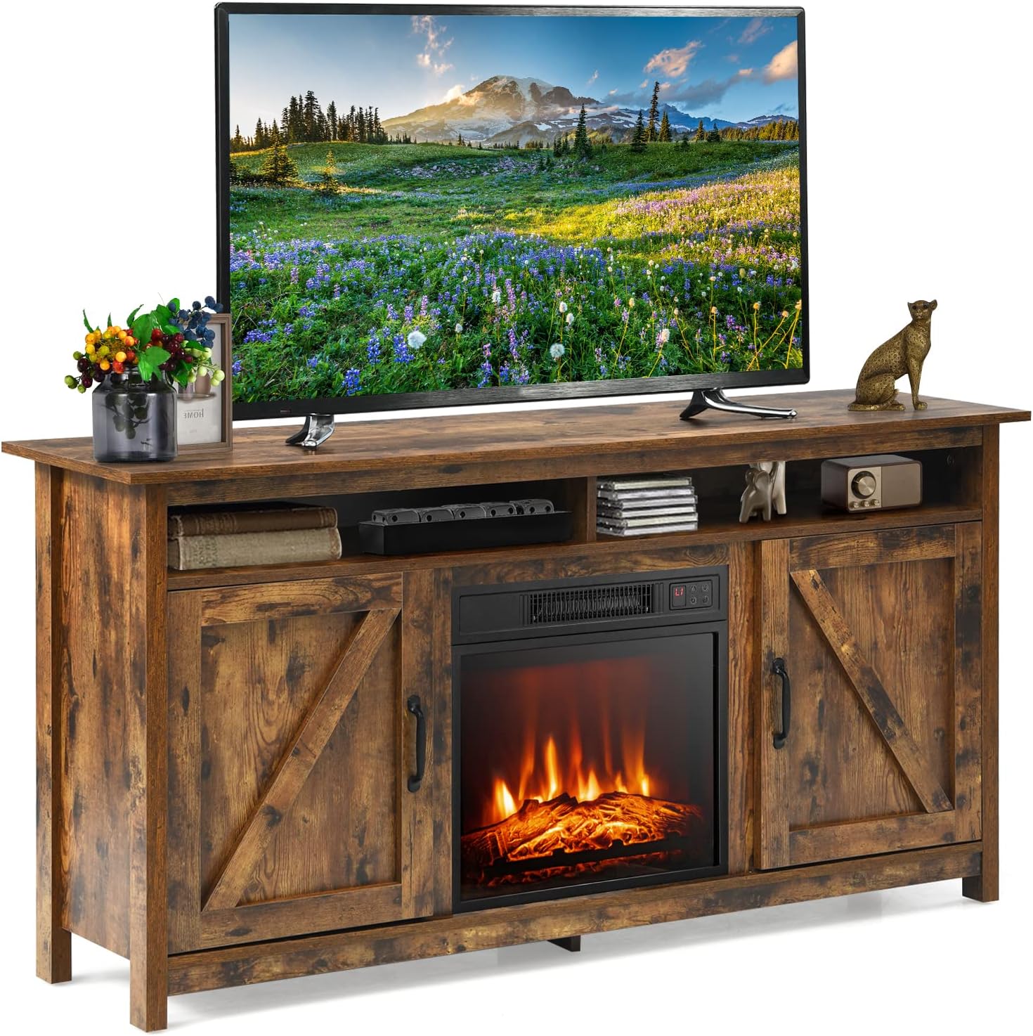Tangkula TV Stand with 18 Inches Fireplace Insert, 58 Inches Fireplace TV Stand for TVs up to 65 Inches, 5,000 BTU Electric Fireplace with 3-Level Adjustable Flame, Remote Control and Timer (Brown)