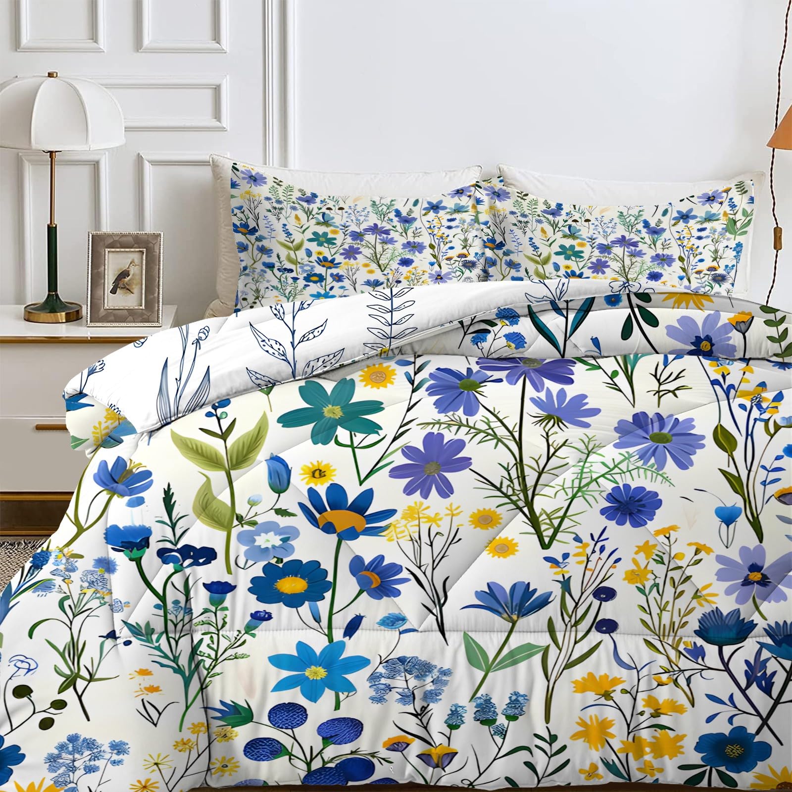 LSSLK Blue Florals King Size Duvet Reversible Coverless Duvet King Size, Soft All Seasons Comforter Machine Washable Microfiber Quilt with 2 Pillowcases, 220x230 cmGreen Leaves