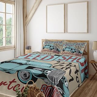 Ambesonne Retro Sheet Set, Nostalgic Advertising Print Antique Sports Auto in Retro Rusty Colors Art Design, Fitted and Flat Sheet with Pillowcases Bedding Accent 4 Piece Set, Full, Teal Red Brown