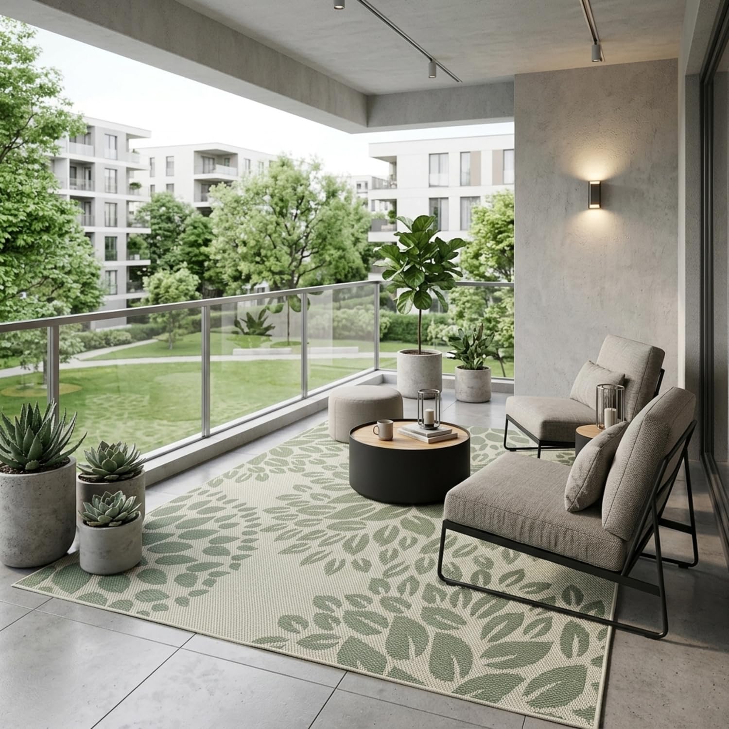 VIMODA In- und Outdoor Flachgewebe Terrassen & Balkon Garten Küche, Teppich Blumen Design Grün Waschbar,Maße:80x150 cm