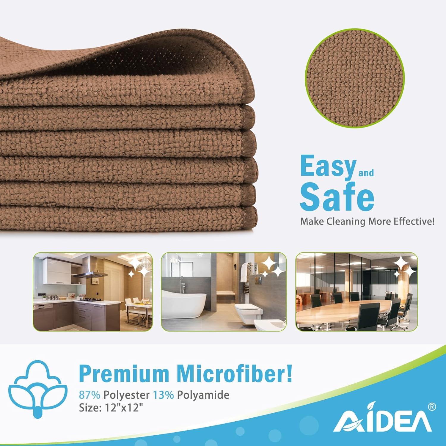 AIDEA Microfiber Cleaning Cloth-12PK, Soft Microfiber Towels for Cars, Absorbent Cleaning Rags, Lint-Free Streak-Free Wash Cloths for House, Kitchen, Window(12in.x12in), Brown - Image 2