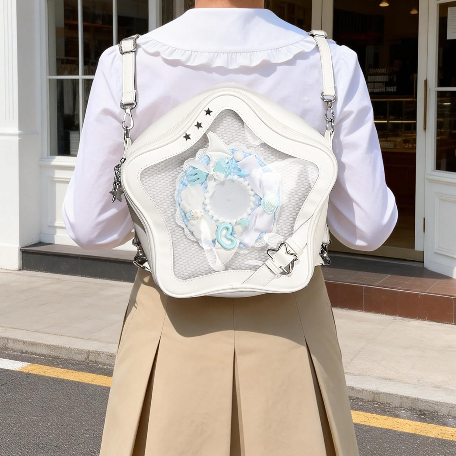Star Shape Ita Bag Pins Display Crossbody Bag PU Leather Backpack Y2k Aesthetic Cute Handbag, White image 2