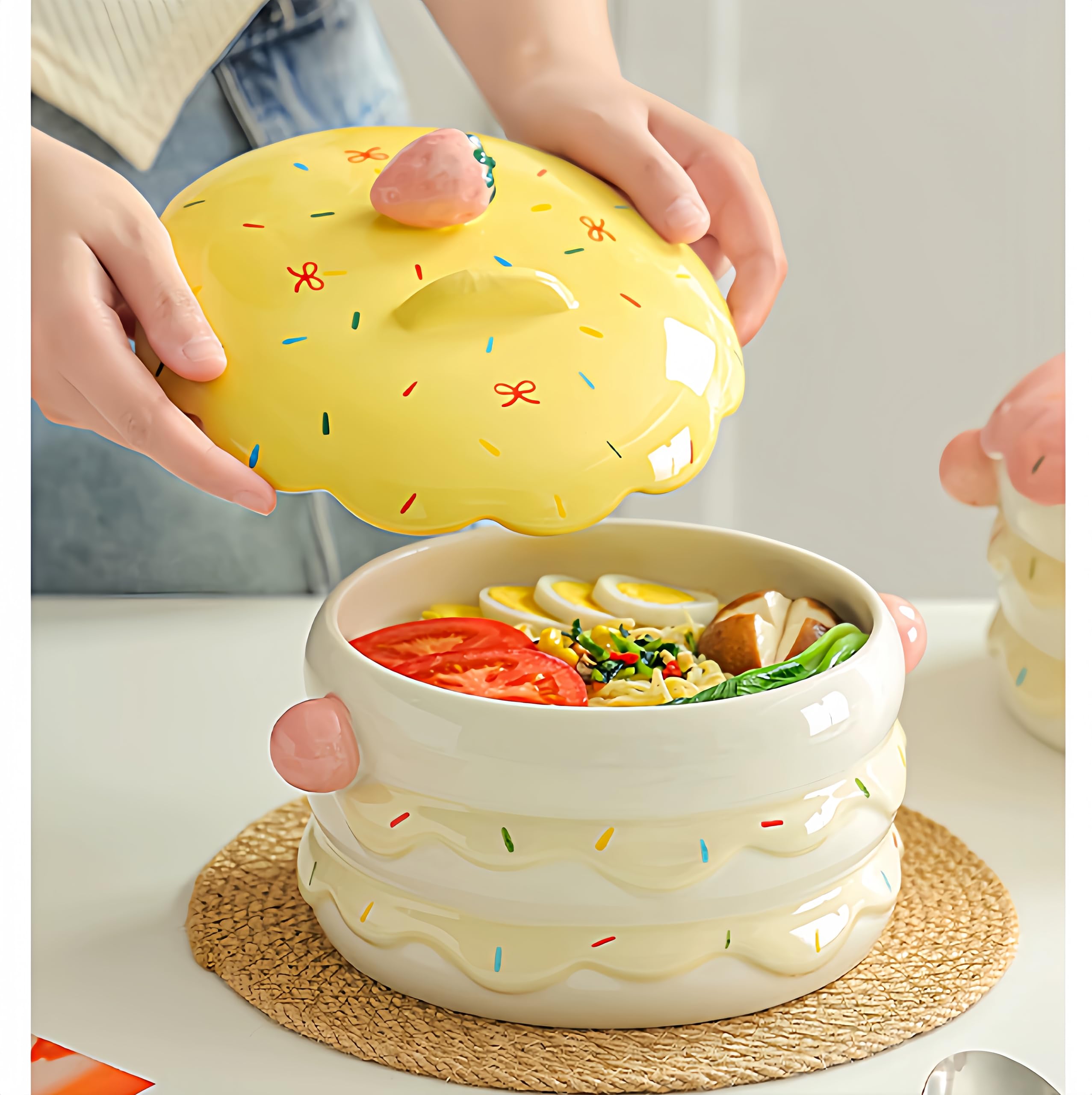 Urocza ceramiczna miska ramen z pokrywką, 590 ml, zabawny pojemnik na żywność na zupę, sałatkę, przekąski, świetny prezent dla miłośników jedzenia (1)
