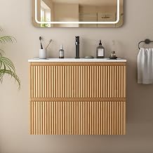 wanan Natural Oak Bathroom Vanity with Sink, 30 Inch Floating Bathroom Vanity with Ceramic Sink, Wall Mounted Modern Fluted Wood Bathroom Vanities with 2 Storage Drawers, Oak Bathroom Sink Cabinet