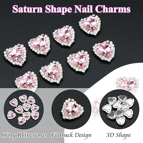 Miniatura 2 de Dijes de arte de uñas de corazón de 0.472 pulgadas, 10 piezas de diamantes de imitación de cristal 3D, dijes de uñas de diamante rosa brillante con