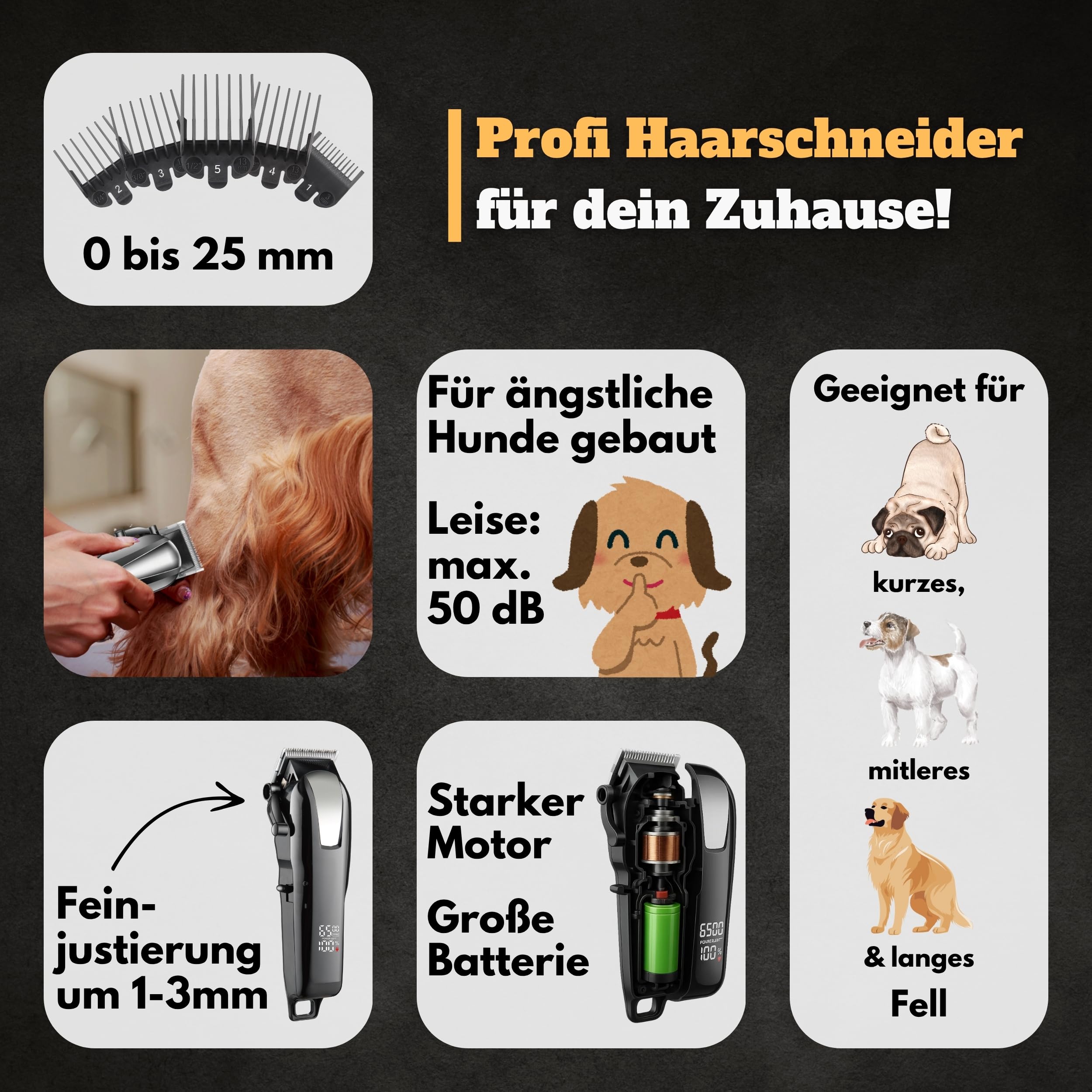 Hundeschermaschine - Leise Profi Schermaschine für Hund Katze Pferd dichtes Fell - Hundetrimmer Hunde-Haarschneidemaschine Hunderasierer - 3h Akku