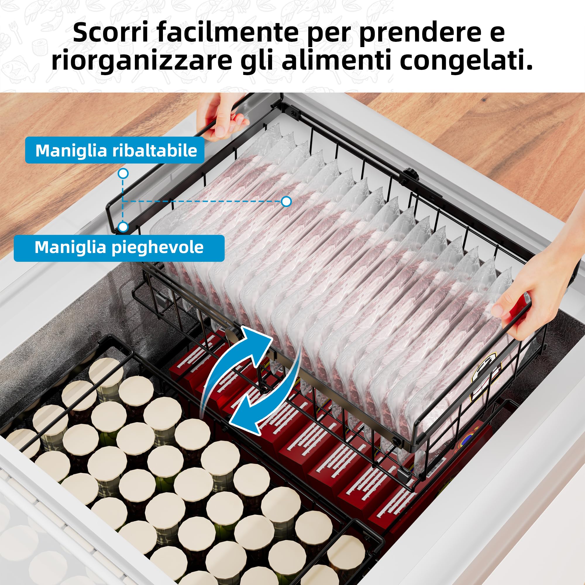 2 Pezzi organizer per congelatore,organizzare freezer pozzetto,cesto per congelatore,cesti metallo,Impilabile，Lunghezza regolabile 29-46CM，Nero