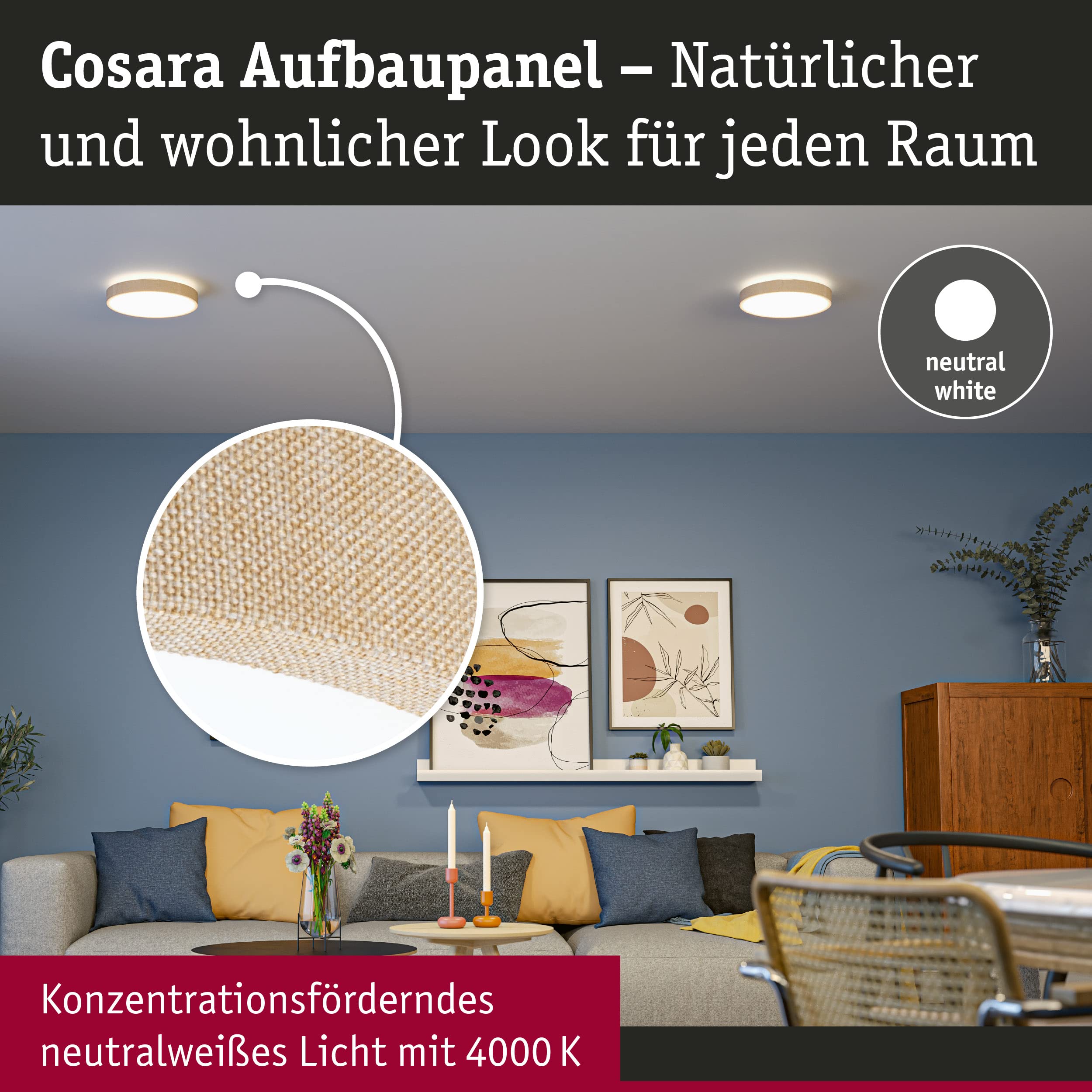Paulmann 71054 LED Panel Cosara rund 15W IP44 1300lm 300mm Deckenleuchte in Beige Kunststoff/Stoff 4000K Badleuchte