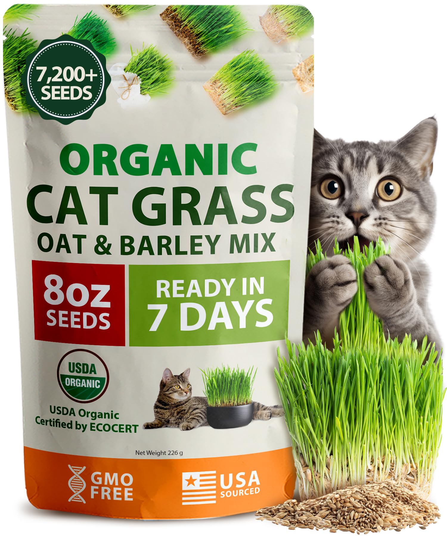 HOME GROWN Organic Cat Grass Seeds Pack 8oz – 7200 Non GMO Heirloom Oat & Barley Grass Seeds for Indoor Cats – High Germination Hairball Relief, Pet Grass Ready in 7Days