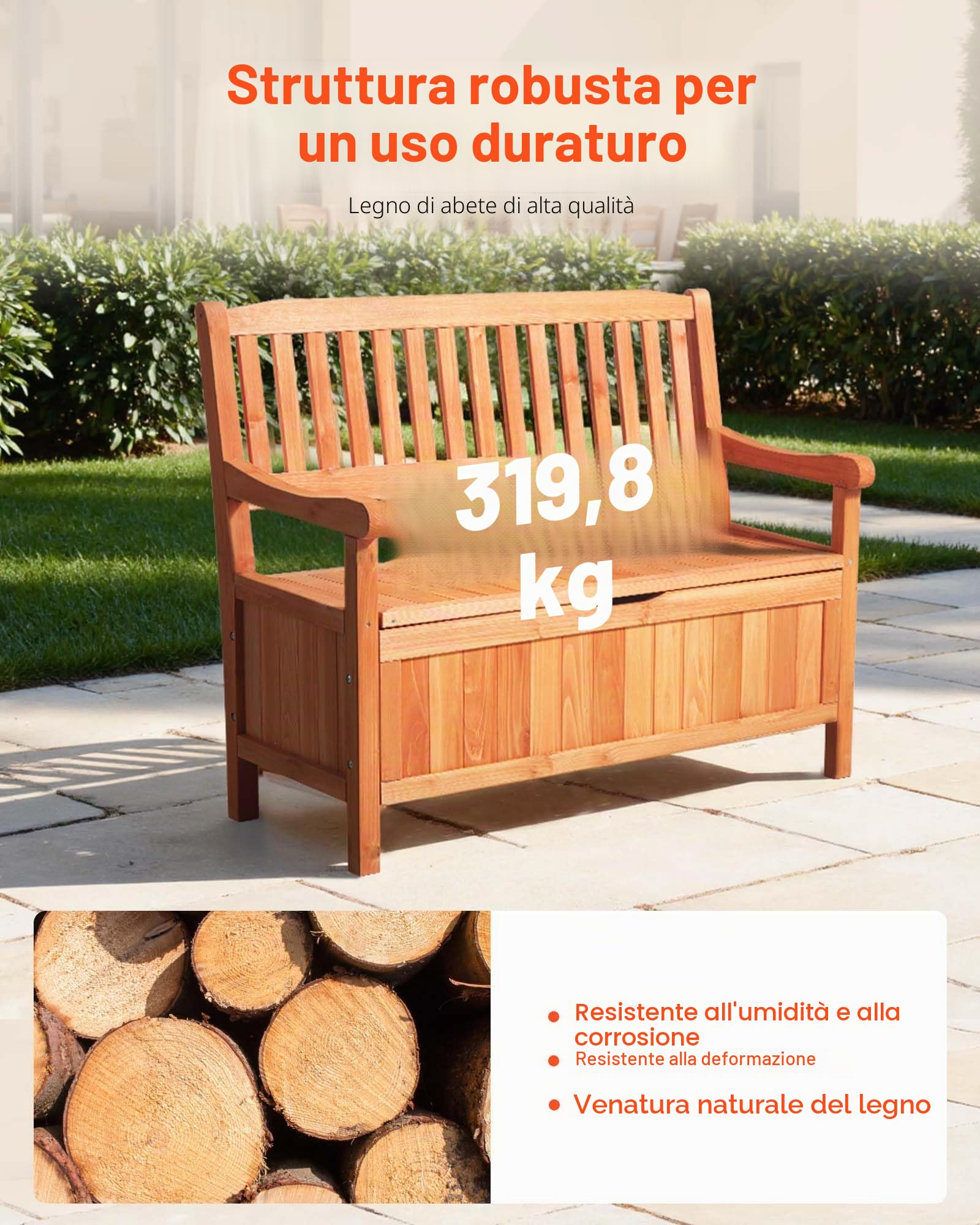 VEVOR Panca Portaoggetti da Esterno, in Legno di Cedro per 2 Persone, Panca Contenitore da 150 L con Maniglia, Supporta Fino a 319,8 kg, Seduta da Esterno, Decorazione per Veranda Terrazza Balcone