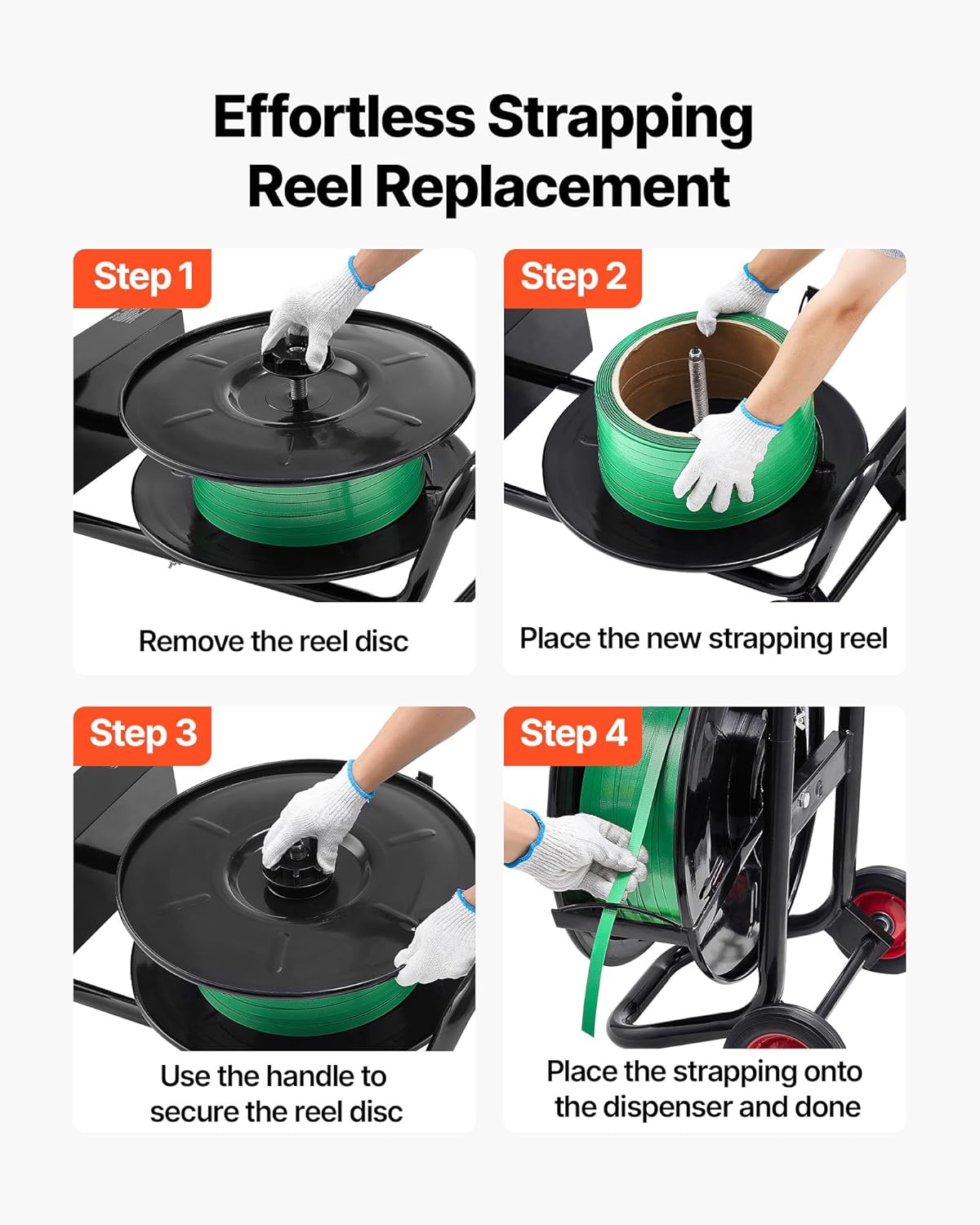 VEVOR Banding Strapping Cart, Fit for PET/PP/Polyester Strapping Coils with 8 inches Core Size, Heavy Duty Strapping Dispenser Equipped with Upgrade Brake System, Built-in Spacious Tray for Tools