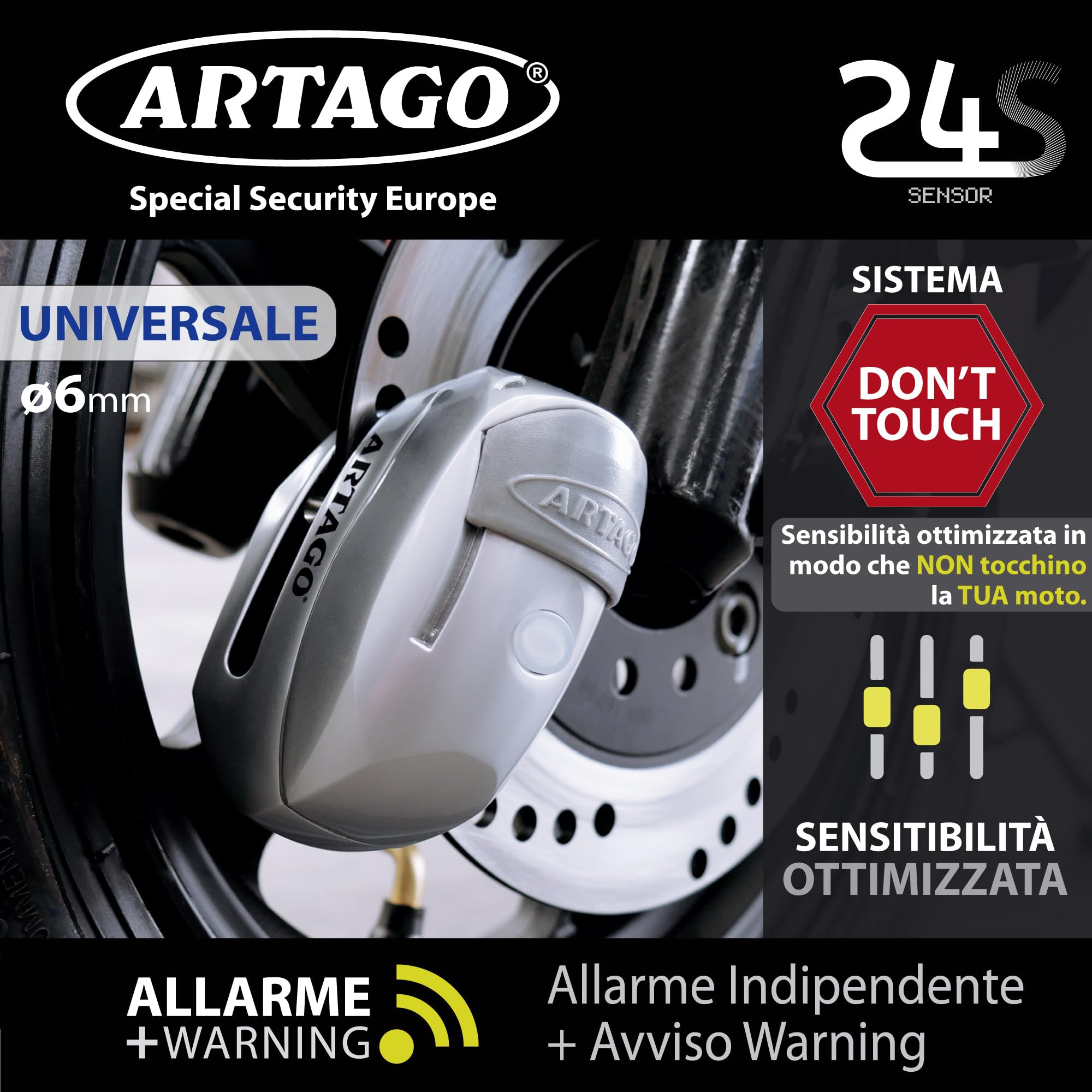 Artago 24S.6M Antifurto Moto Blocca Disco, Allarme 120 Db Avviso Smart, ø 6 mm, Metallico, Universale Moto Scooter Bici