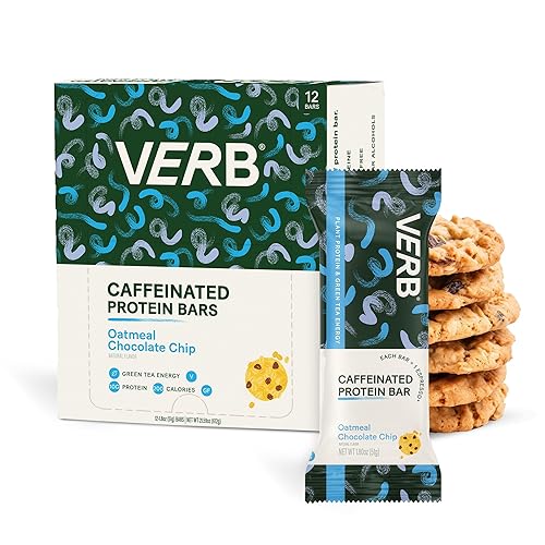 Verb Energy - Barras de proteínas con cafeína con chispas de chocolate de avena 190 calorías, 0.21oz de azúcar, 0.35oz de proteína Snacks veganos