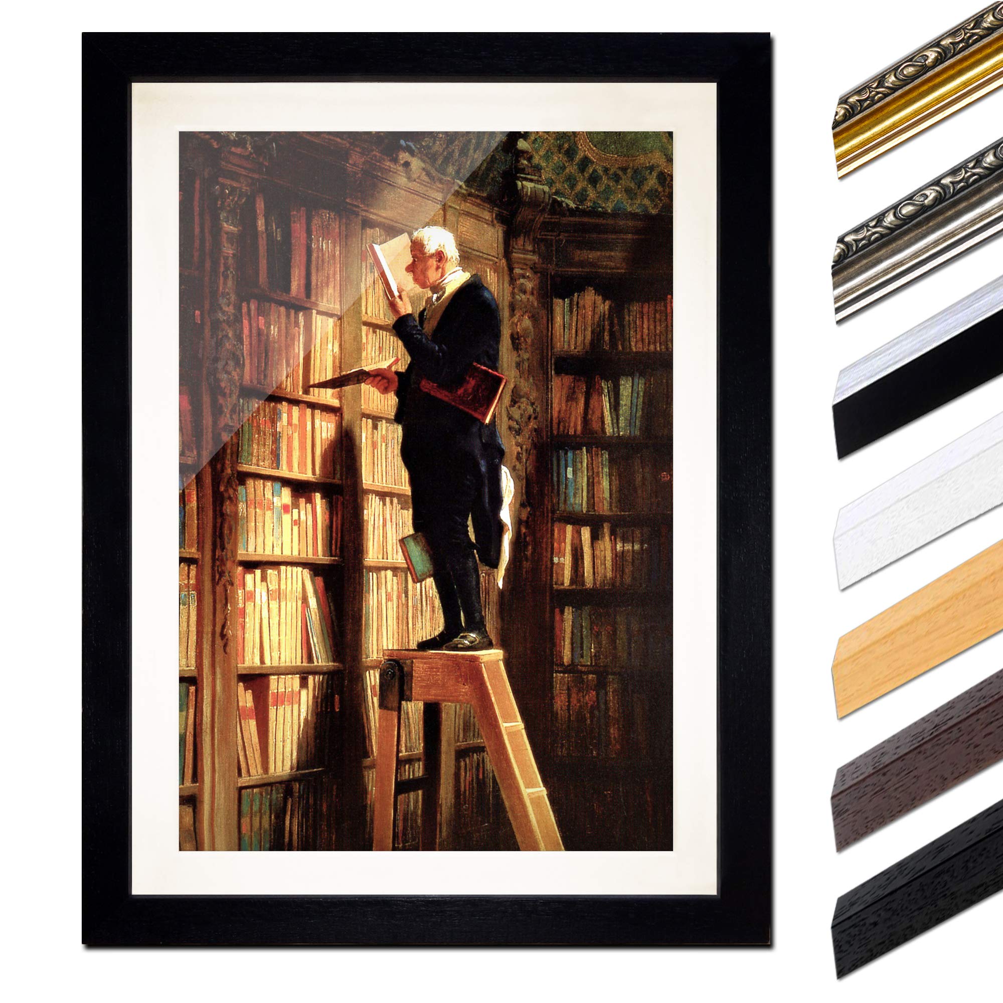 Bilderdepot24 Bild mit Rahmen - Carl Spitzweg Der Bücherwurm 40x60 cm ca. A2 - Gerahmter Kunstdruck inkl. Galerie Passepartout Alte Meister - Rahmen schwarz