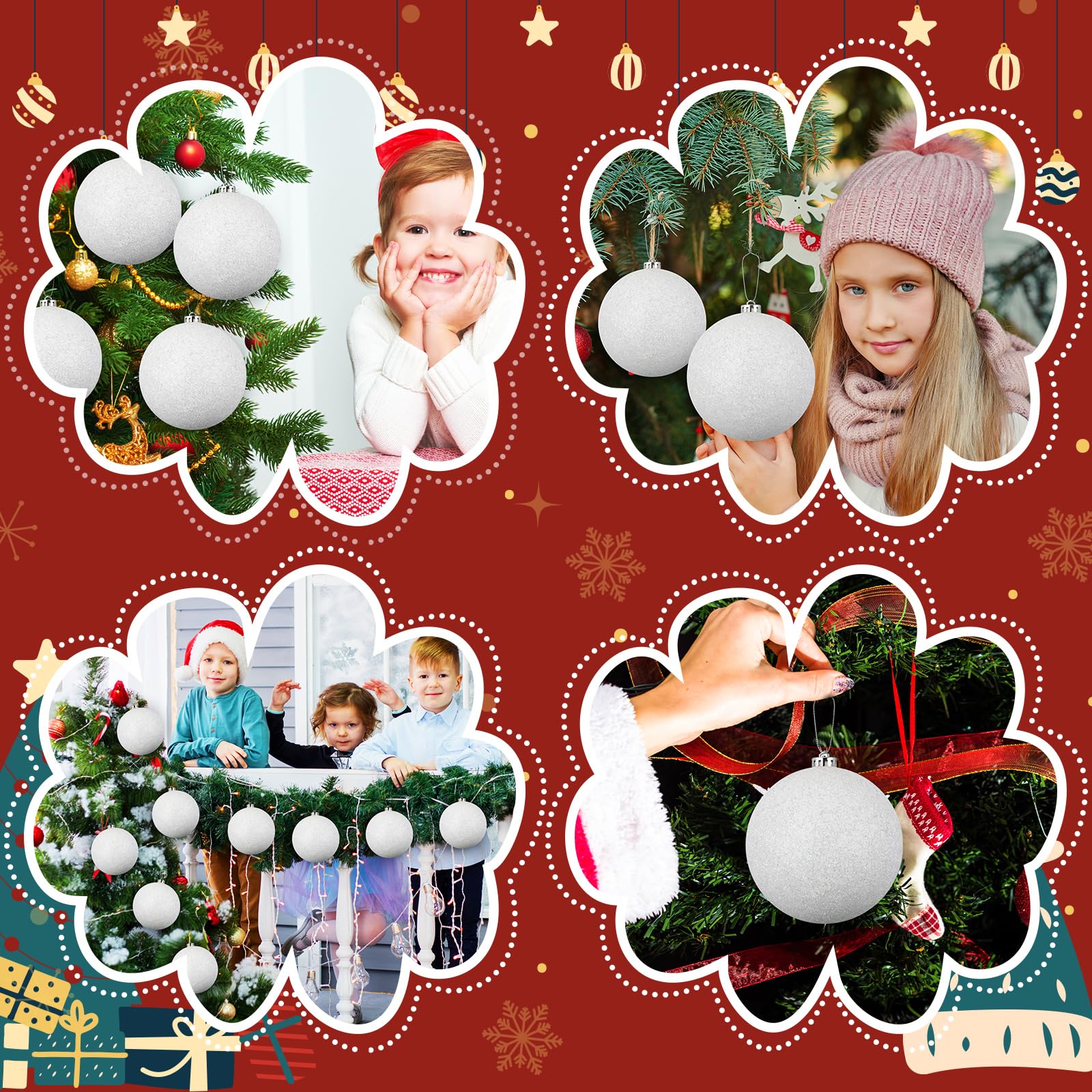 Lot de 4 mini boules de Noël à paillettes en plastique à suspendre pour sapin de Noël, décoration d'hiver, fête, mariage (15,2 cm)