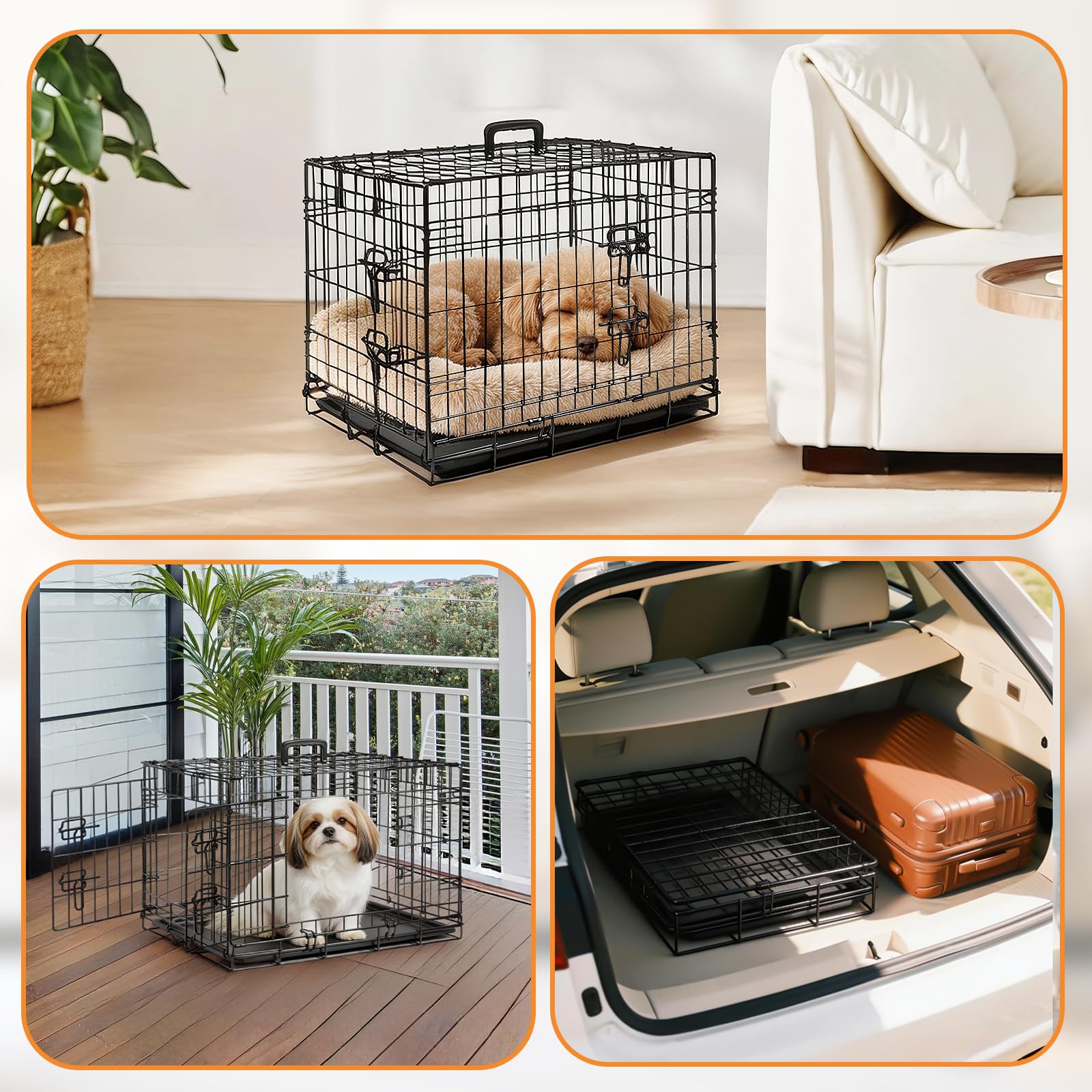 Hundekäfig faltbar 60 x 42.5 x 48 cm,S,2 Türen,Metall Draht,mit ausziehbarer Kunststoffschale & Abnehmbarer Trennwand,Schwarz,Hundebox für Zuhause & Transport