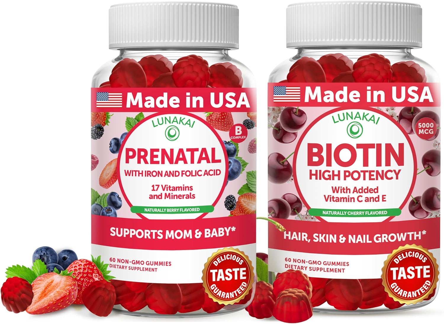 Lunakai USA Made 17-in-1 Prenatal Vitamins and Biotin Gummies Bundle - Delicious Daily Prenatal Gummies for Maternal Wellness Support, 60ct
