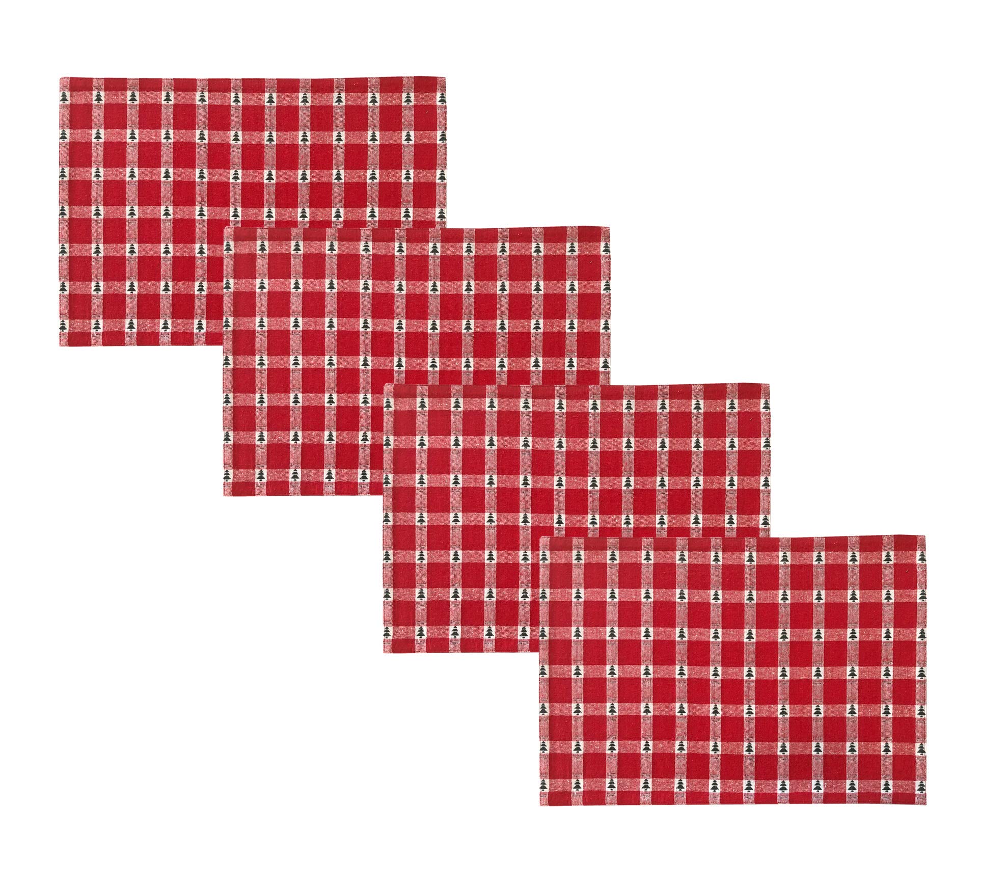 Lintex Little Christmas Trees Plaid Cotton Christmas Placemats, Red and Green Country Tree Woven Holiday Fabric, Easy Care Cotton Weave, Set of 4 Placemats