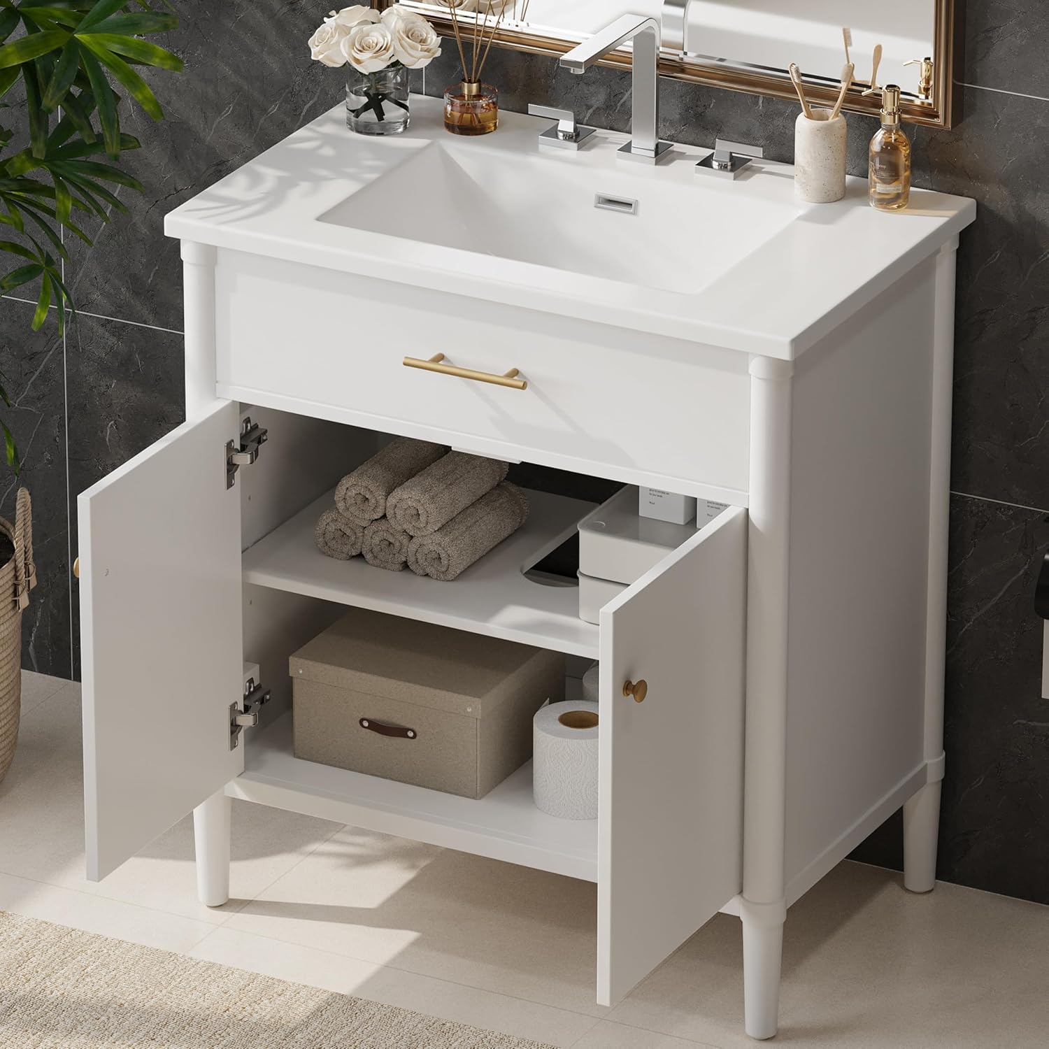 30 Inch White Bathroom Vanity with Sink(Intergrated Ceramic),Modern Bathroom Vanity with Curved Column Legs & Gold Fixtures,with Soft Close Doors & Adjustable Shelf,Rubber Wood Legs