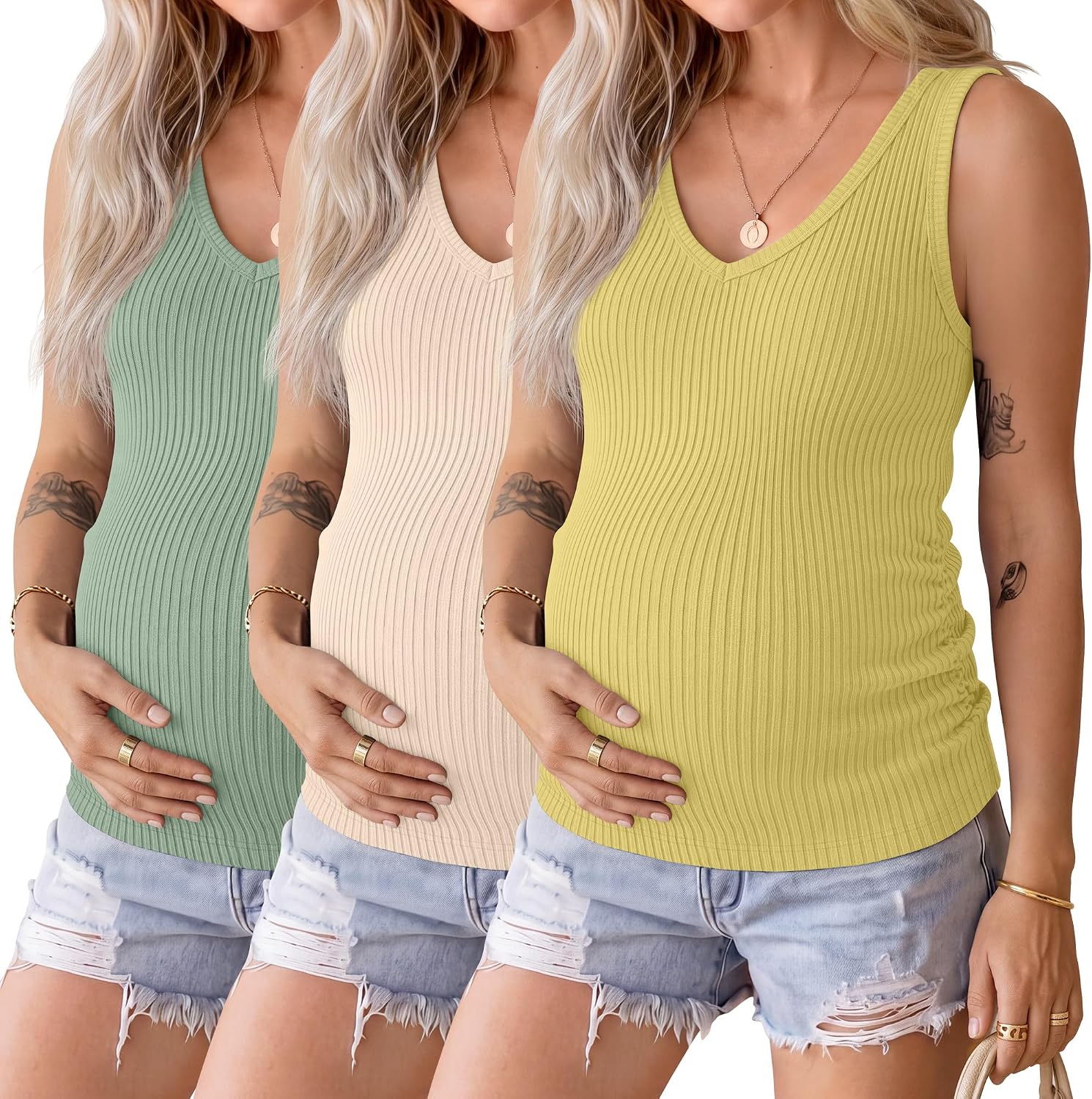 3 Pack Women's Maternity Tank Tops, 92% Cotton Ribbed Sleeveless Pregnancy Shirts V Neck Side Ruched Summer Clothes