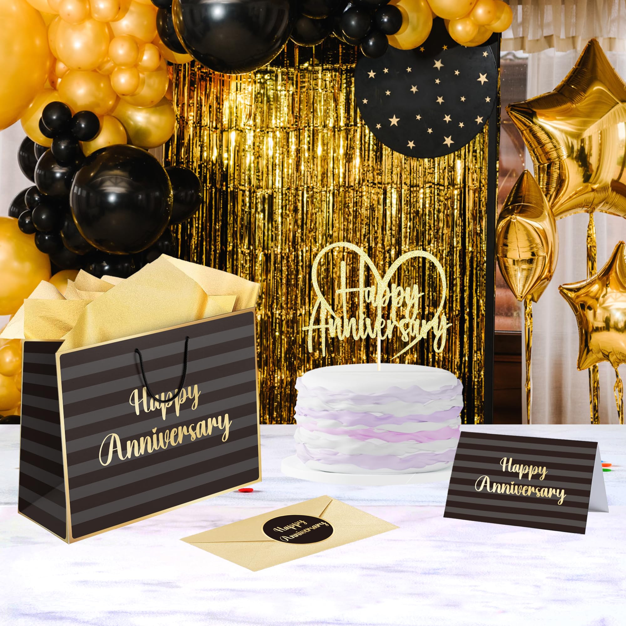 Sumerk 13" Large Anniversary Paper Bag with Tissue Papers and Greeting Card, Envelope and Stickers - Special Anniversary Wrapping Bag with Clear Window and Card Holder