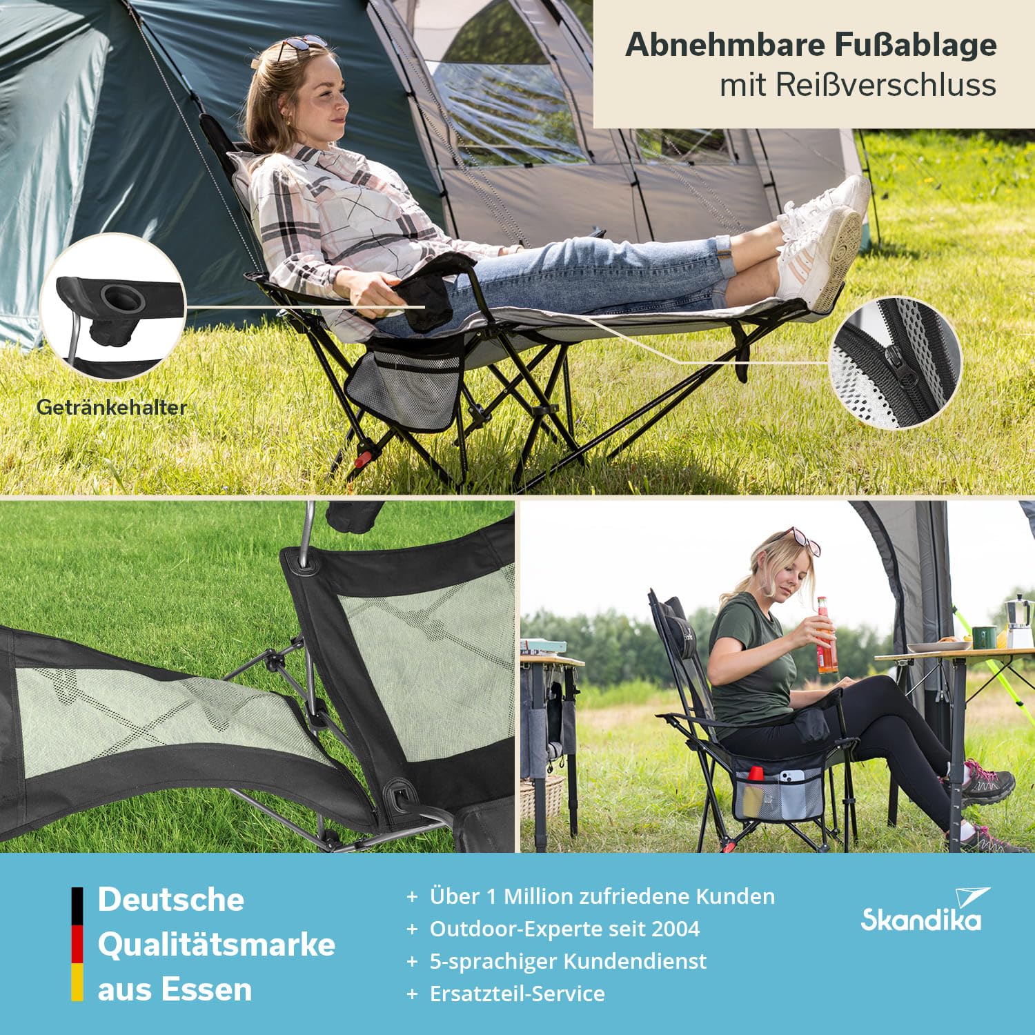 skandika Silla de Camping Toras con reposapiés, Plegable, función reclinable, tamaño Compacto,con Soporte para Bebidas (Negra/con Acolchado)