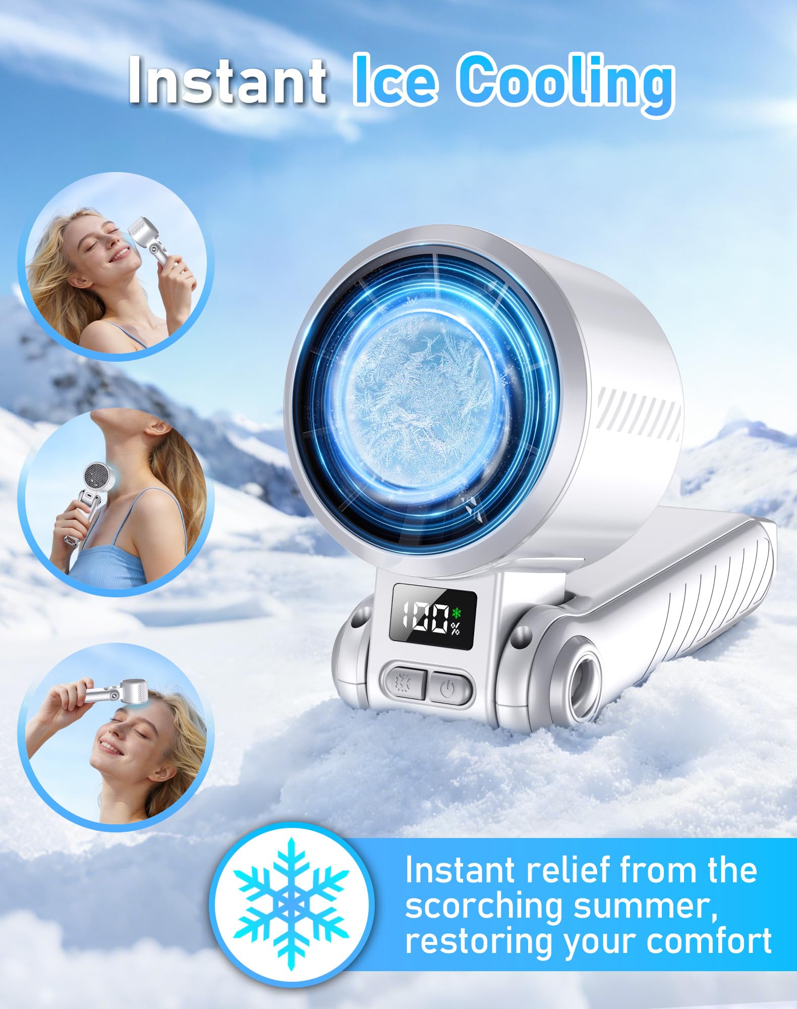 Ventilateur turbo portable avec refroidisseur de glace et écran LED, 5 en 1, pliable, rechargeable par USB, 5 vitesses, alimenté par batterie, cadeau idéal pour homme et femme, parfait pour le