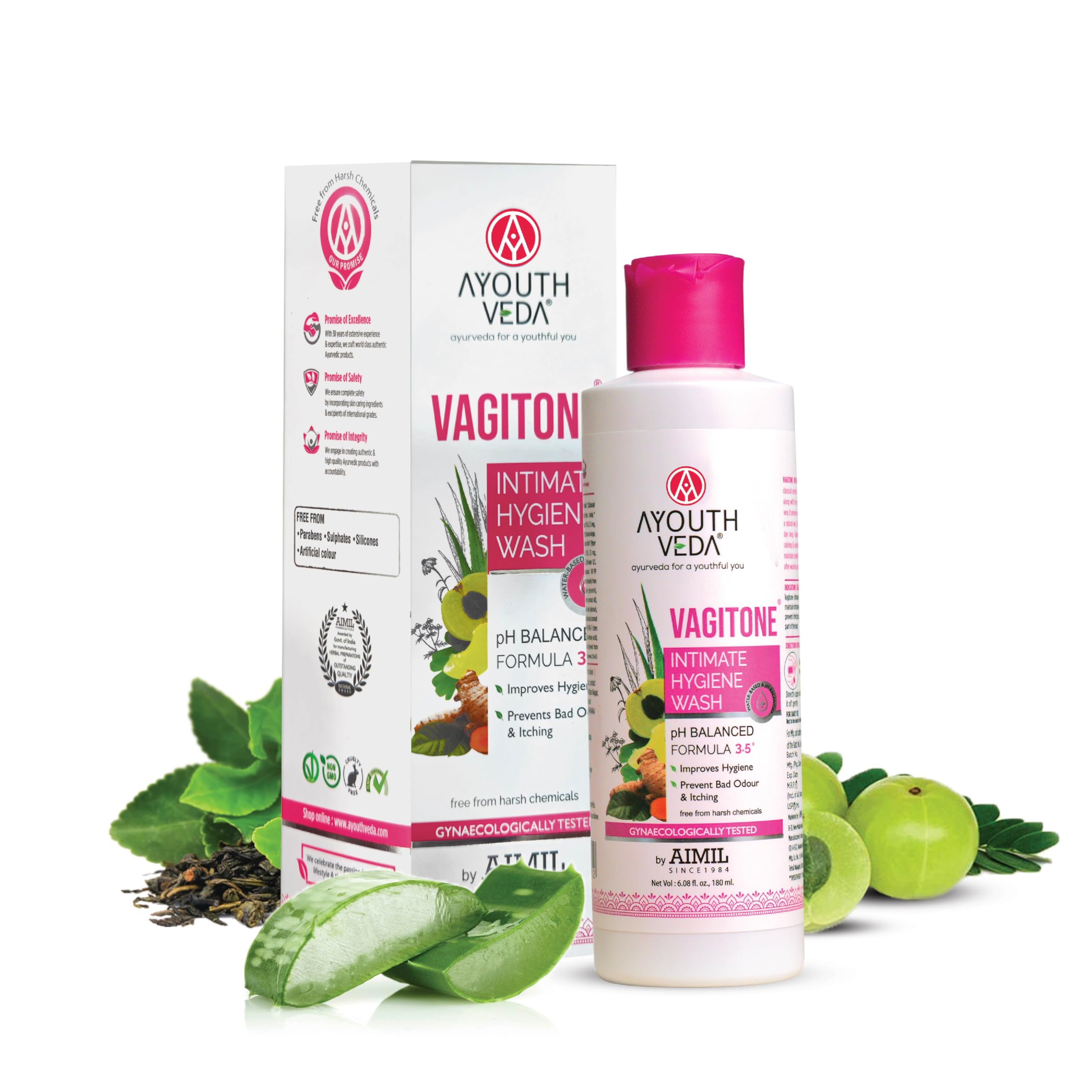 Ayouthveda Vagitone Intimate Hygiene Wash For Women | Enriched With Aloe Vera, Amla & Green Tea | PH Balancing Formula, Prevents Dryness, Itchiness & Bad Odor 180ml